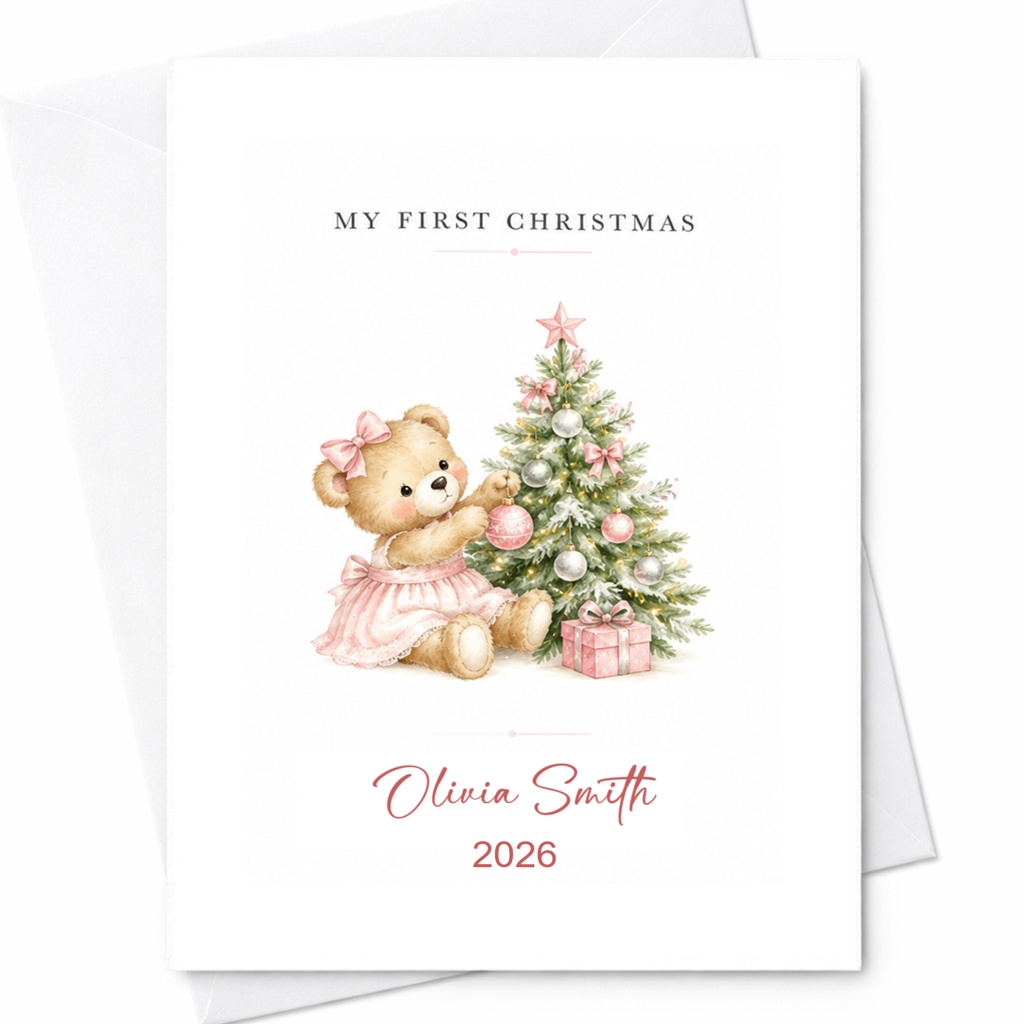 My First Christmas Baby's First Christmas Card Cute Teddy Bear Holiday Card Personalized Keepsake 2026 Newborn Christmas Card CP19