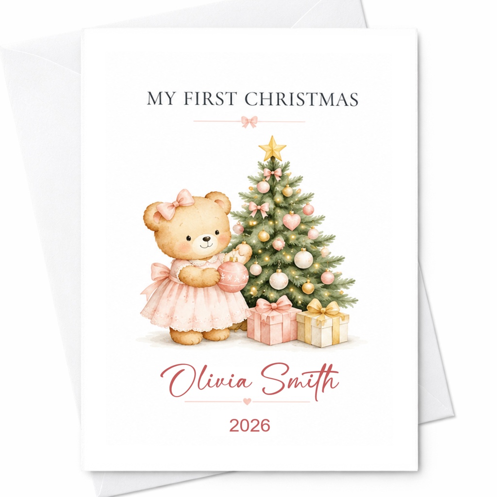 My First Christmas Baby's First Christmas Card Cute Teddy Bear Holiday Card Personalized Keepsake 2026 Newborn Gift CP23
