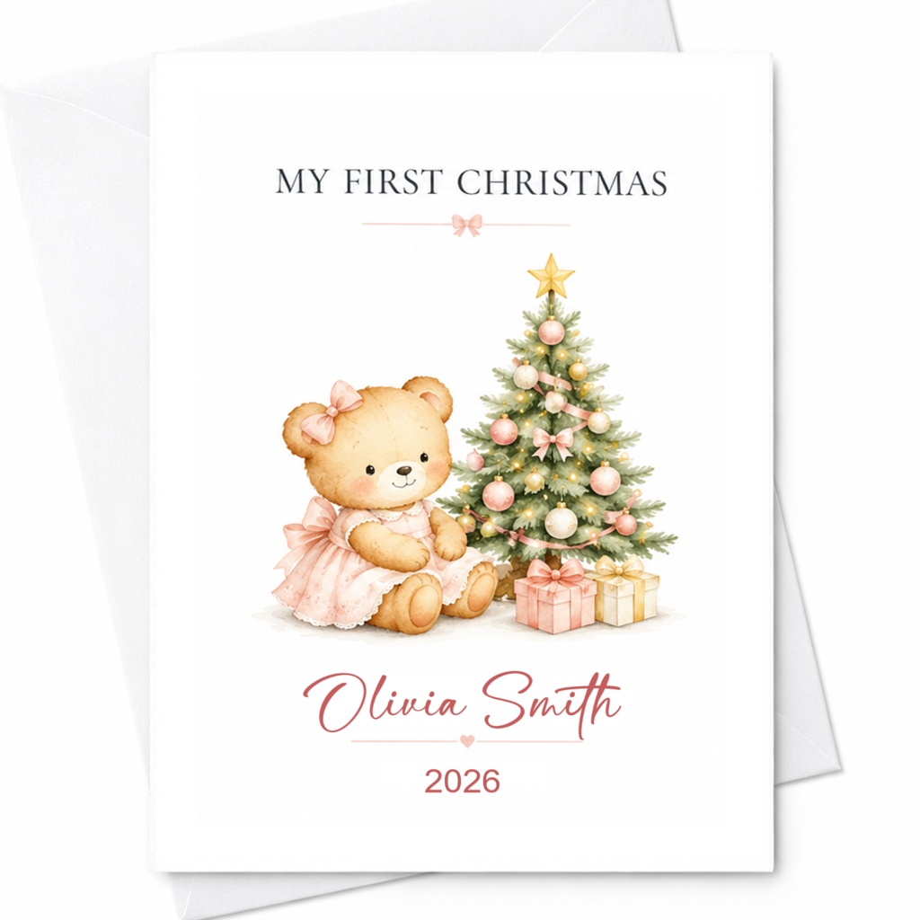 My First Christmas Baby's First Christmas Card Cute Teddy Bear Personalized Holiday Card Newborn Keepsake 2026 CP24