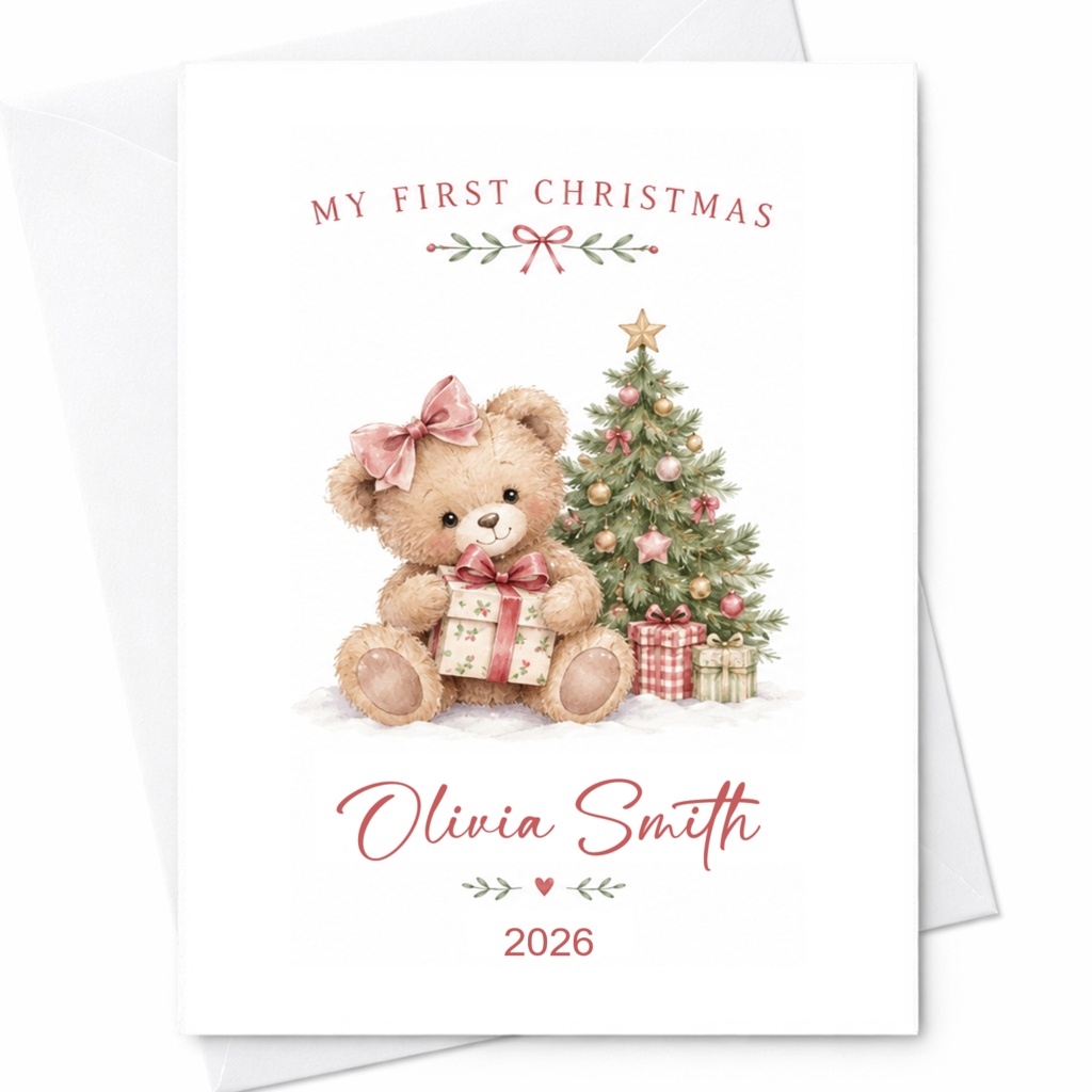 My First Christmas Personalized Baby's First Christmas Card Cute Teddy Bear Holiday Card 2026 Keepsake Gift CP25