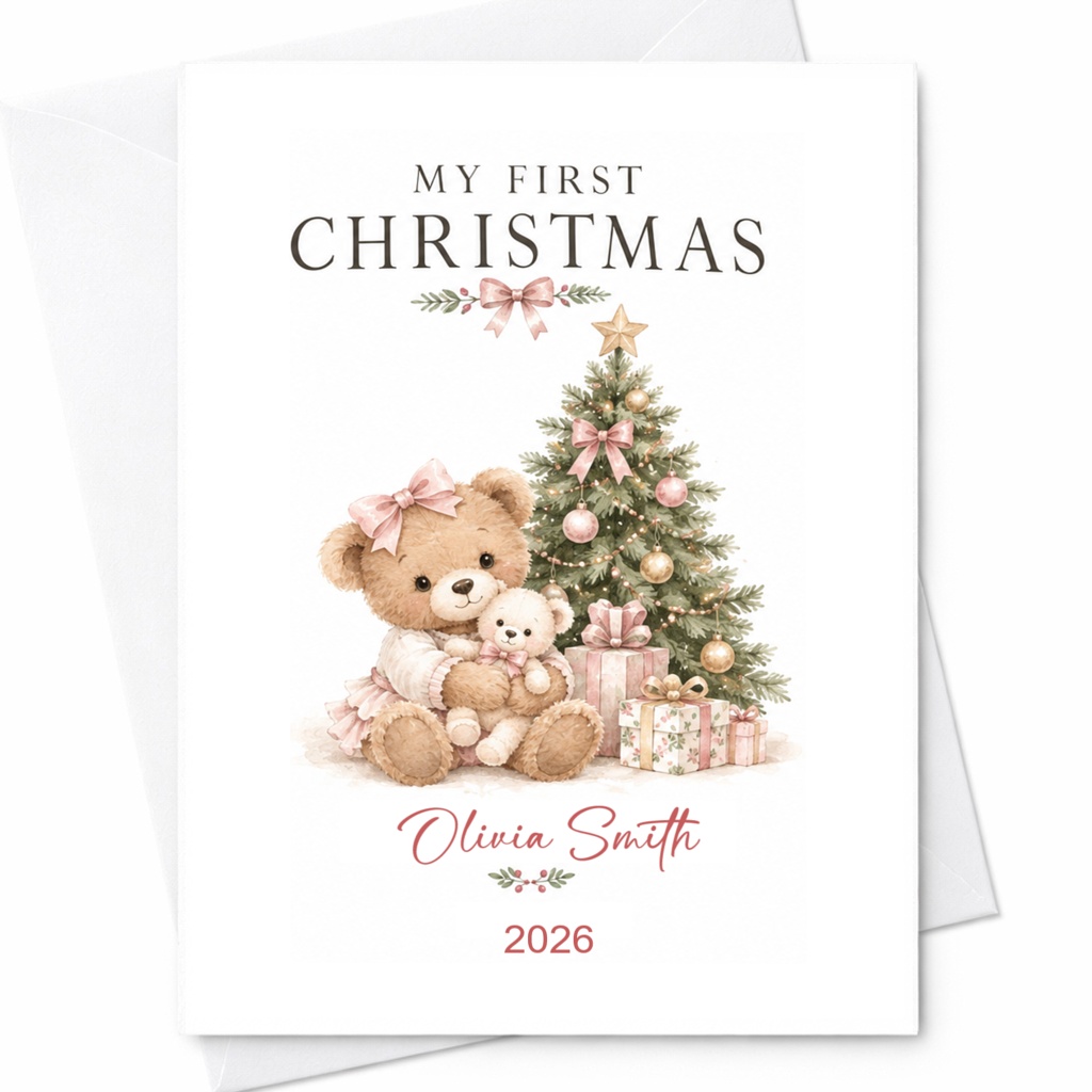 My First Christmas Baby's First Christmas Card Personalized Holiday Card Cute Teddy Bear Christmas Tree 2026 CP27
