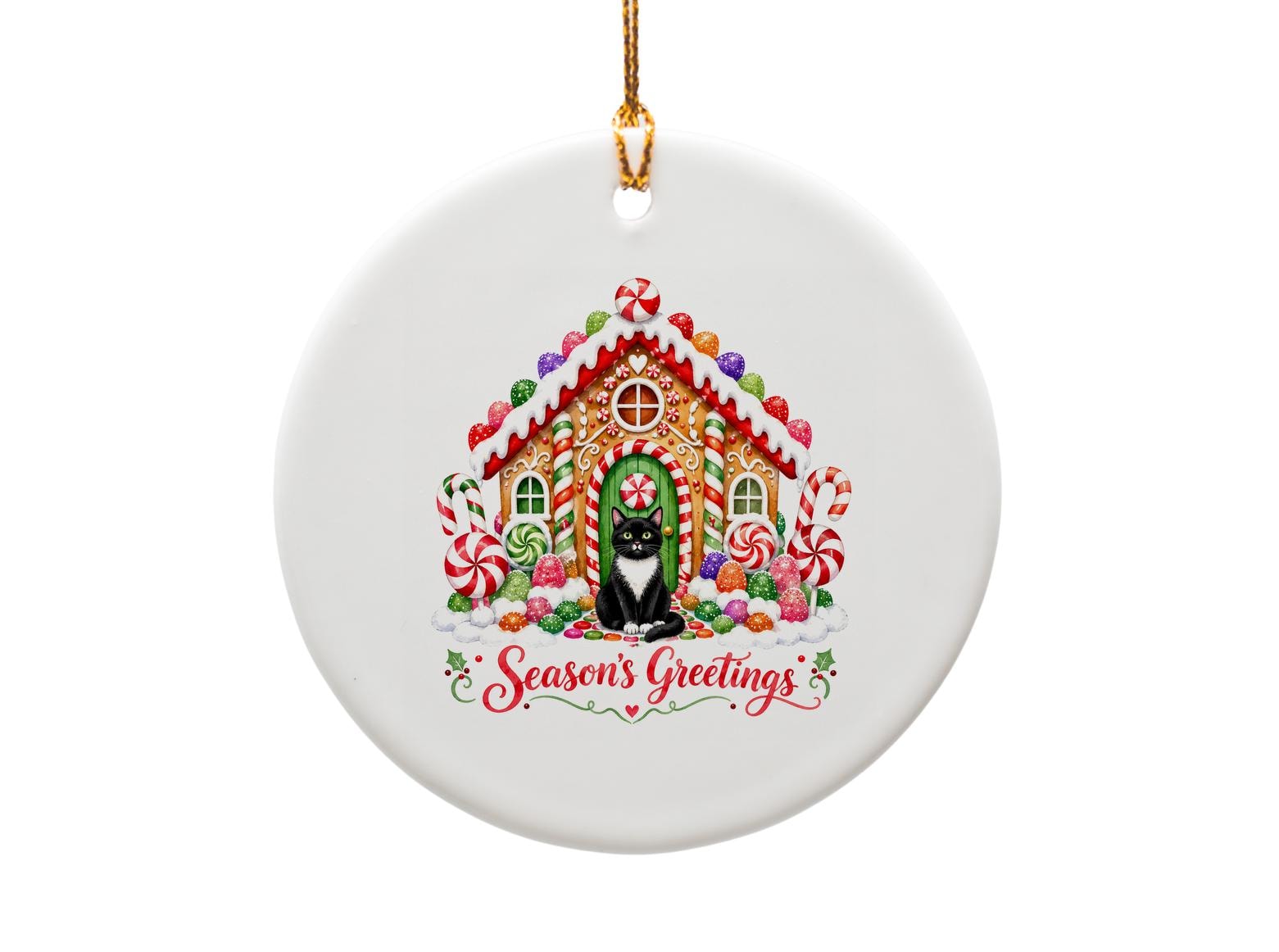 Season's Greetings Christmas Ornament Cat Gingerbread House Holiday Decor Cute Festive Decoration For Cat Lovers O1828