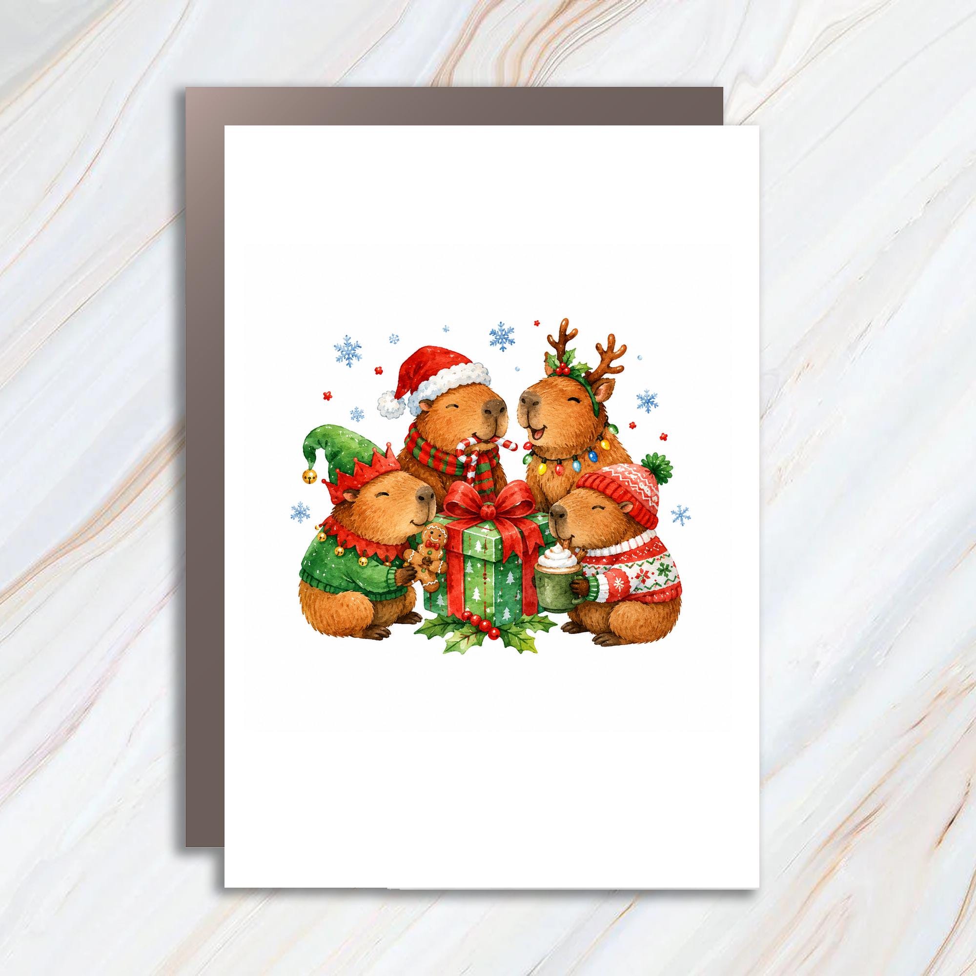 Festive Capybara Christmas Greeting Card Cute Animal Holiday Card Adorable Capybara Lovers Xmas Card Winter Celebration C1844