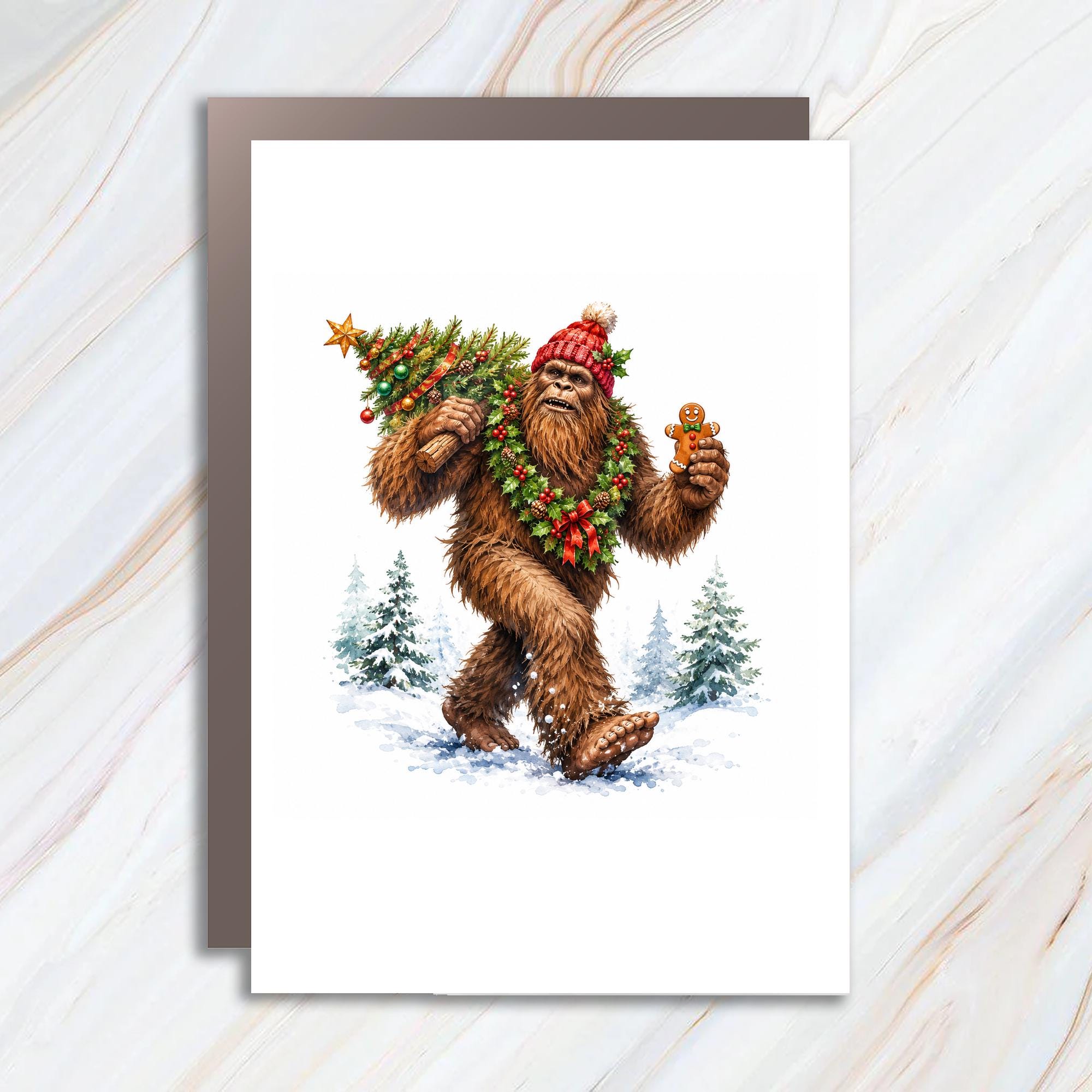 Bigfoot Christmas Card Funny Holiday Greeting Card Sasquatch With Tree And Gingerbread Cute Winter Scene For Him Her C1858