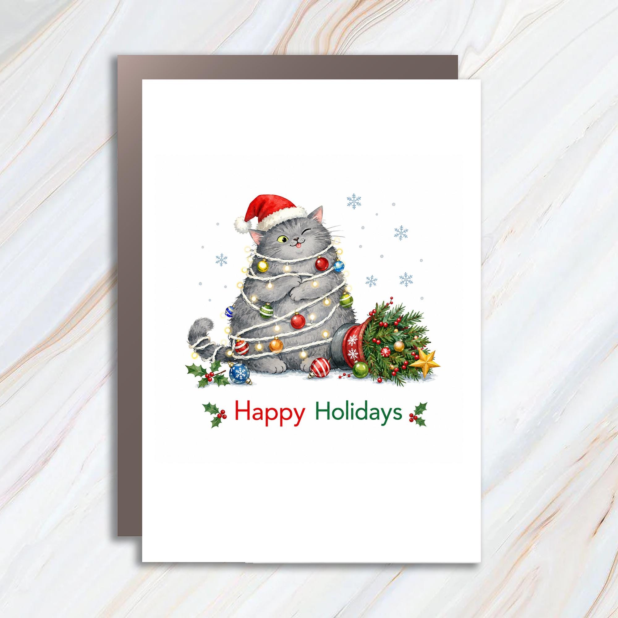 Happy Holidays Christmas Card Cute Cat With Lights Festive Greeting Card For Cat Lover Holiday Card Adorable Xmas Card C1857
