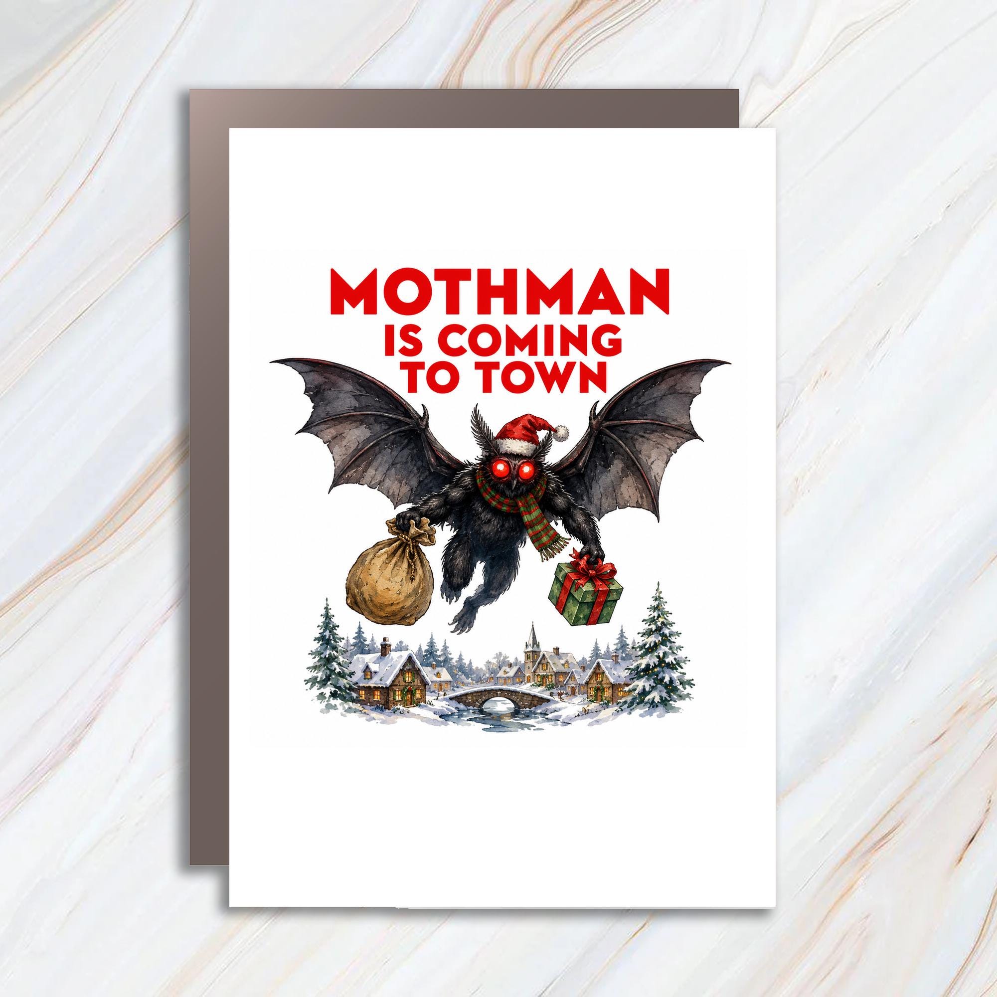 Mothman Is Coming To Town Funny Christmas Card Cute Holiday Greeting Card For Friends Family Unique Winter Scene C1859