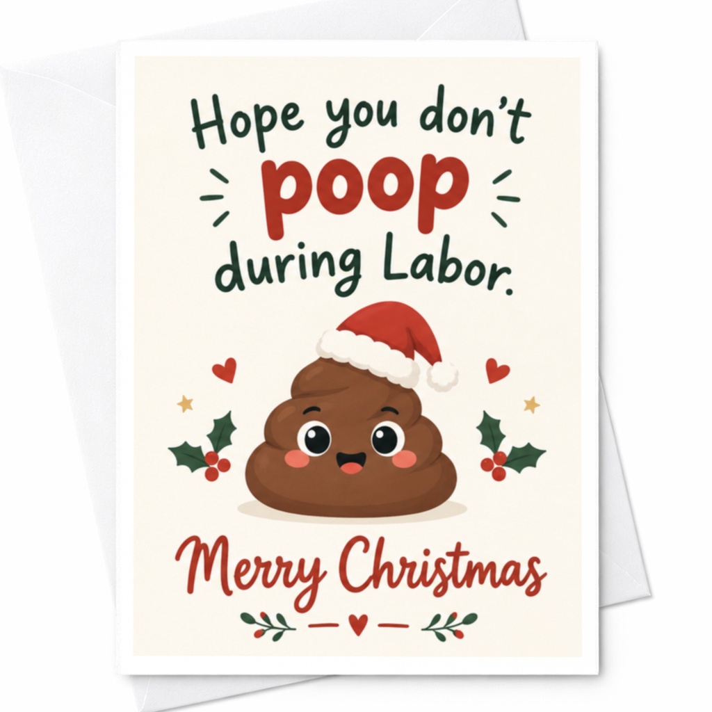 Hope You Don't Poop During Labor Merry Christmas Card Funny Holiday Greeting Card For Expecting Mom Cute Poop Emoji C7253