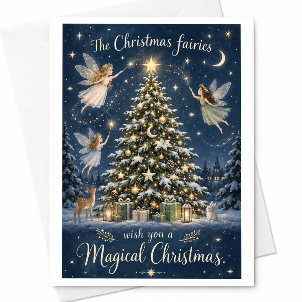The Christmas Fairies Wish You A Magical Christmas Card Holiday Greeting Card Festive Fairies Christmas Tree Cute Winter Scene C7258
