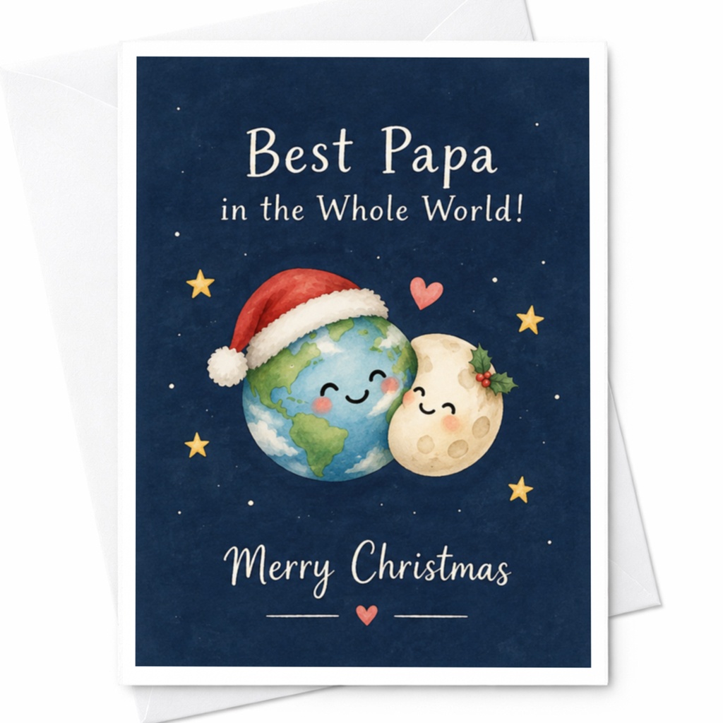 Best Papa In The Whole World! Merry Christmas Card Cute Holiday Greeting For Dad From Kids Earth Moon C7262
