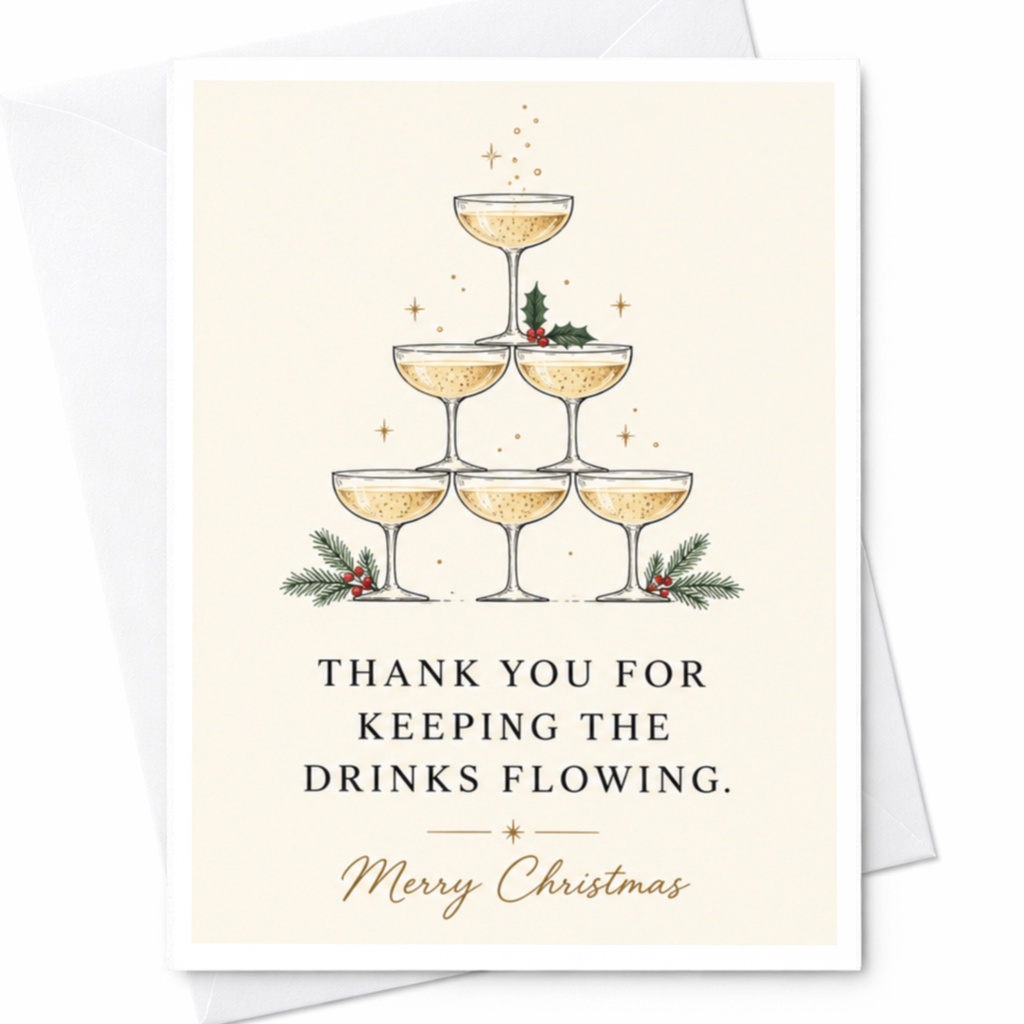 Thank You For Keeping The Drinks Flowing Merry Christmas Card Holiday Greeting Card Festive Champagne Glasses For Host C7263