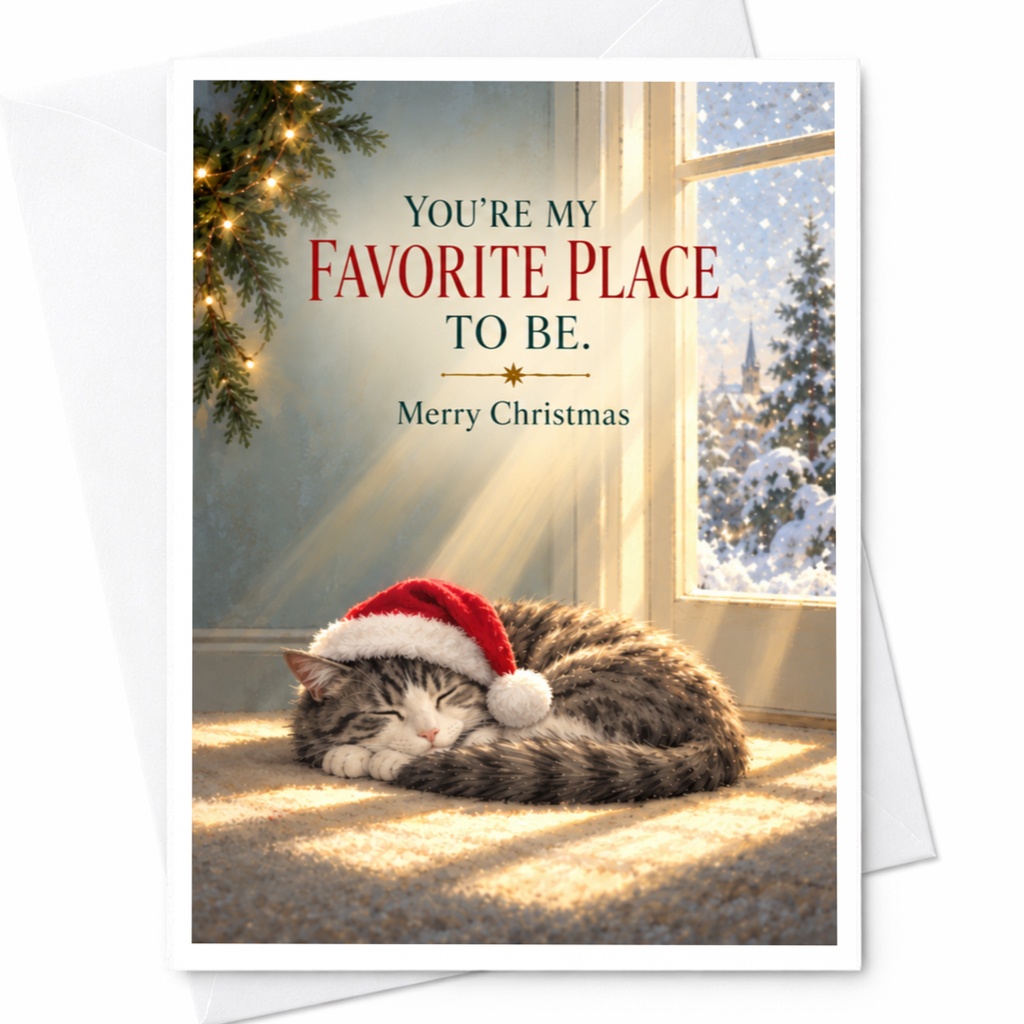 You're My Favorite Place To Be. Merry Christmas Card Cute Cat With Santa Hat Holiday Greeting Card For Cat Lovers Cozy Winter C7270