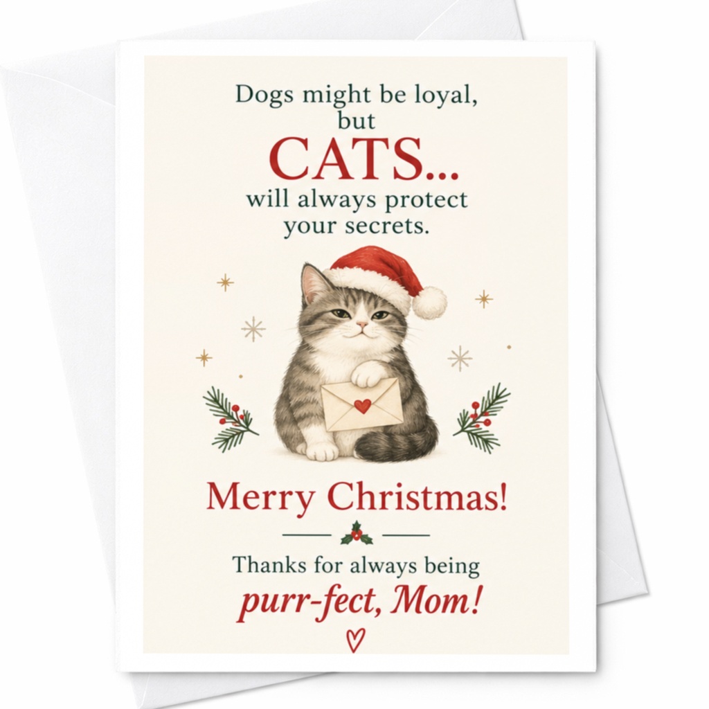 Dogs Might Be Loyal But Cats Protect Secrets Christmas Card For Mom Cute Cat Santa Hat Purr-Fect Mom Holiday Card C7273