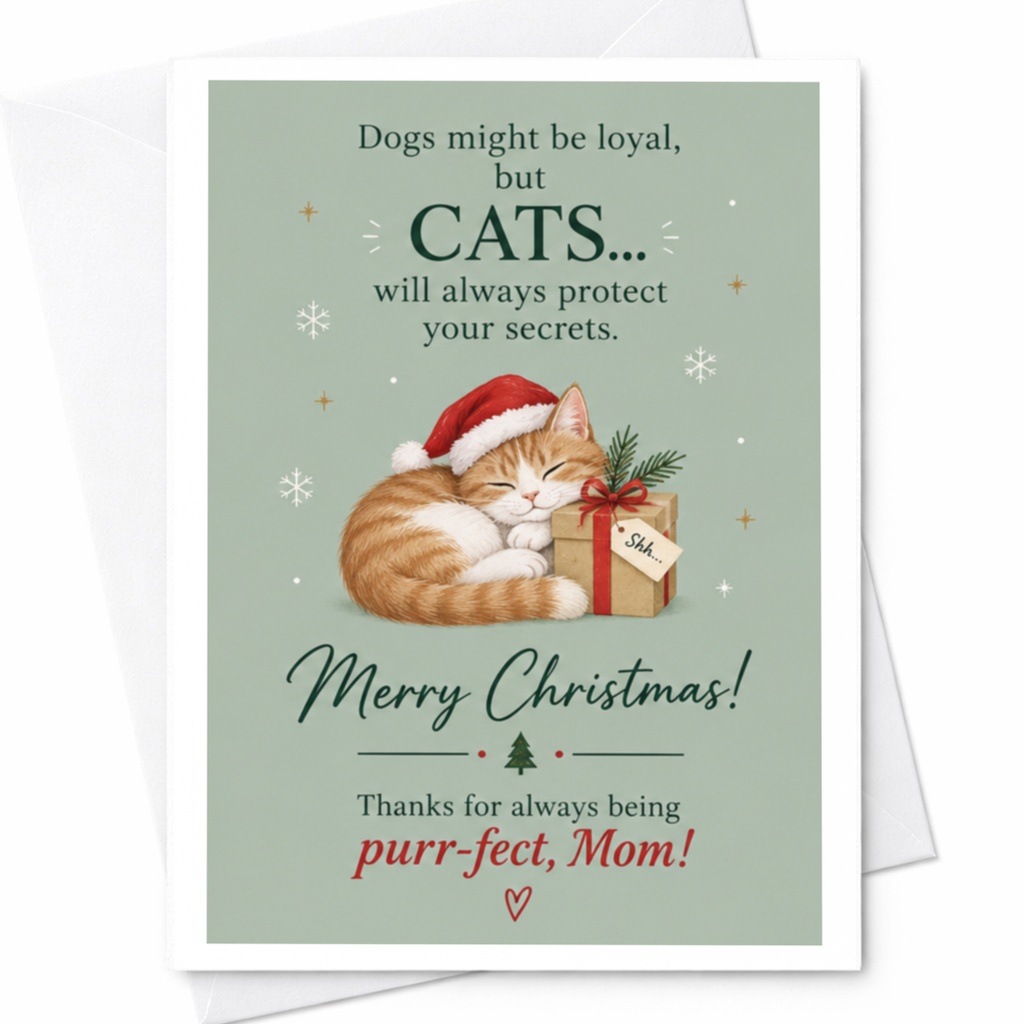 Dogs Might Be Loyal But Cats Will Protect Your Secrets Merry Christmas Card For Mom Cute Cat Holiday Card Purr-Fect Mom C7274