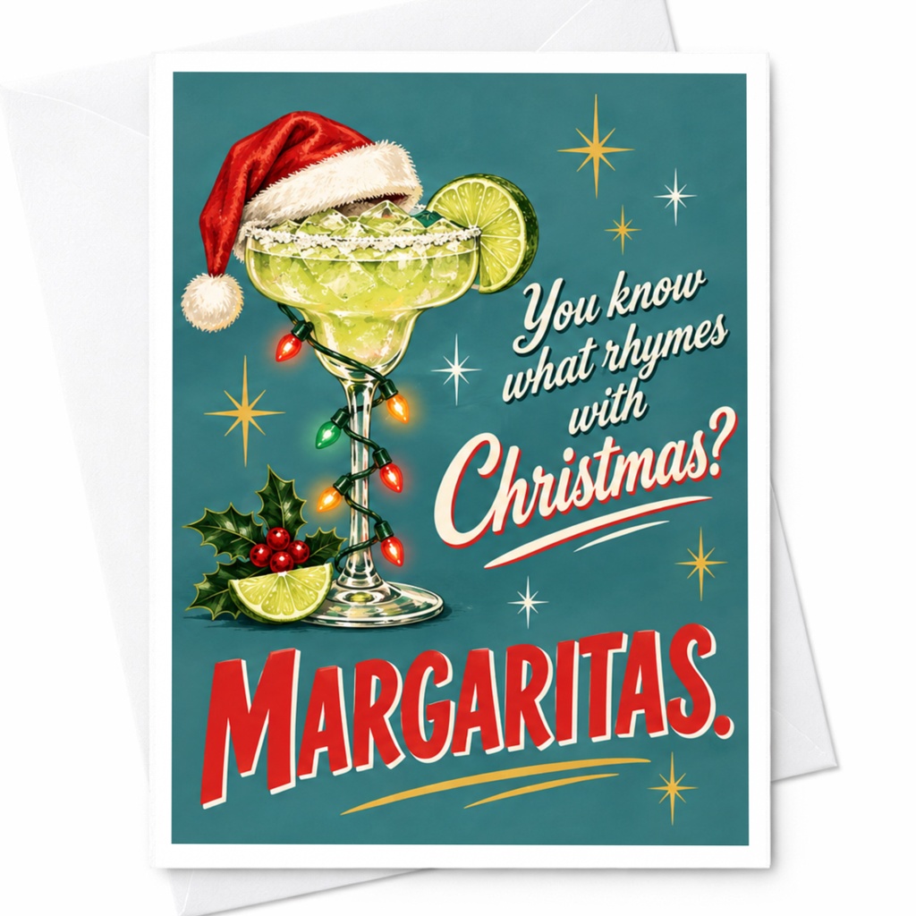 You Know What Rhymes With Christmas? Margaritas Funny Christmas Card Holiday For Friends Cocktail Lovers C7276