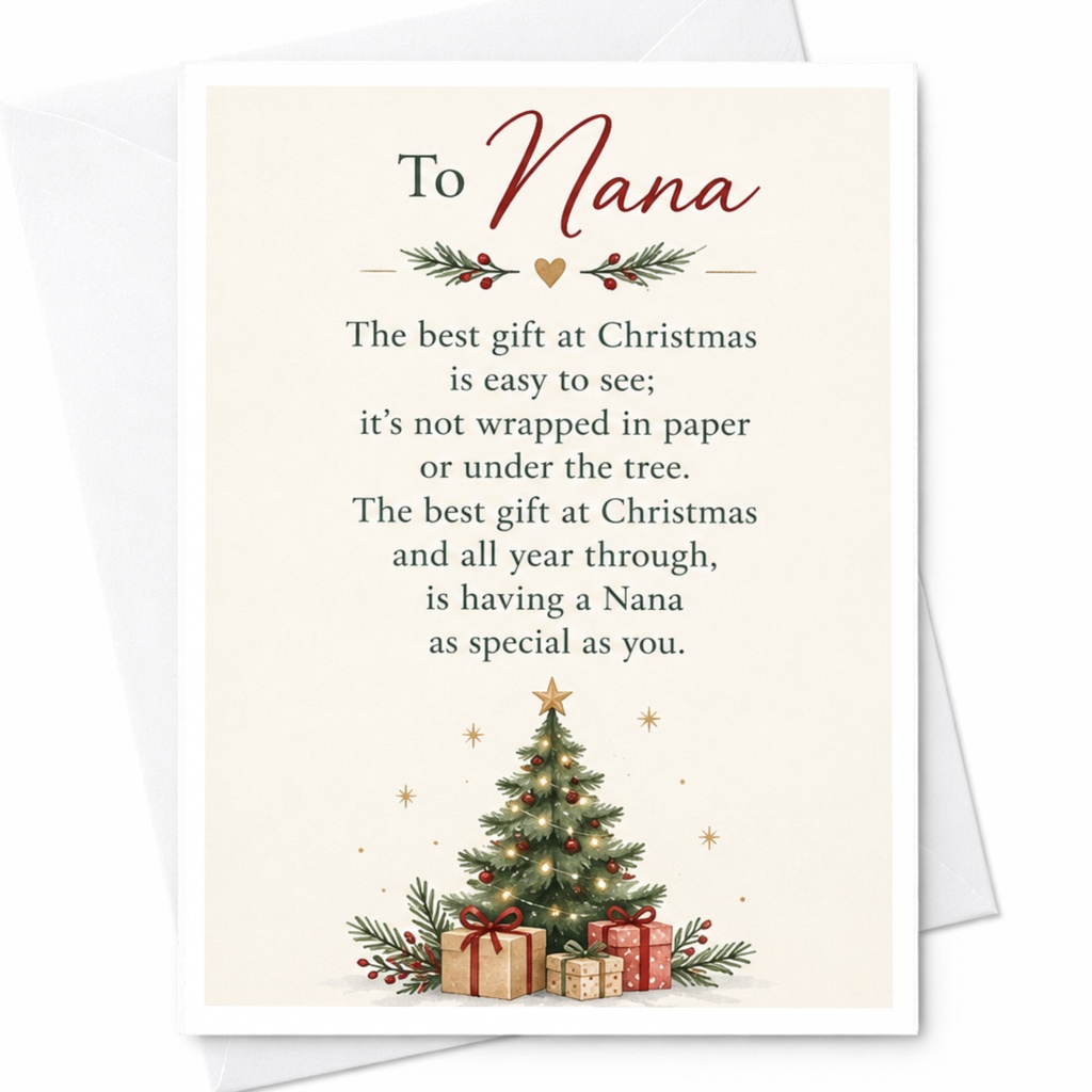 To Nana The Best Gift At Christmas Card For Nana Special Christmas Card From Grandchildren Holiday Card With Tree And Gifts C7277