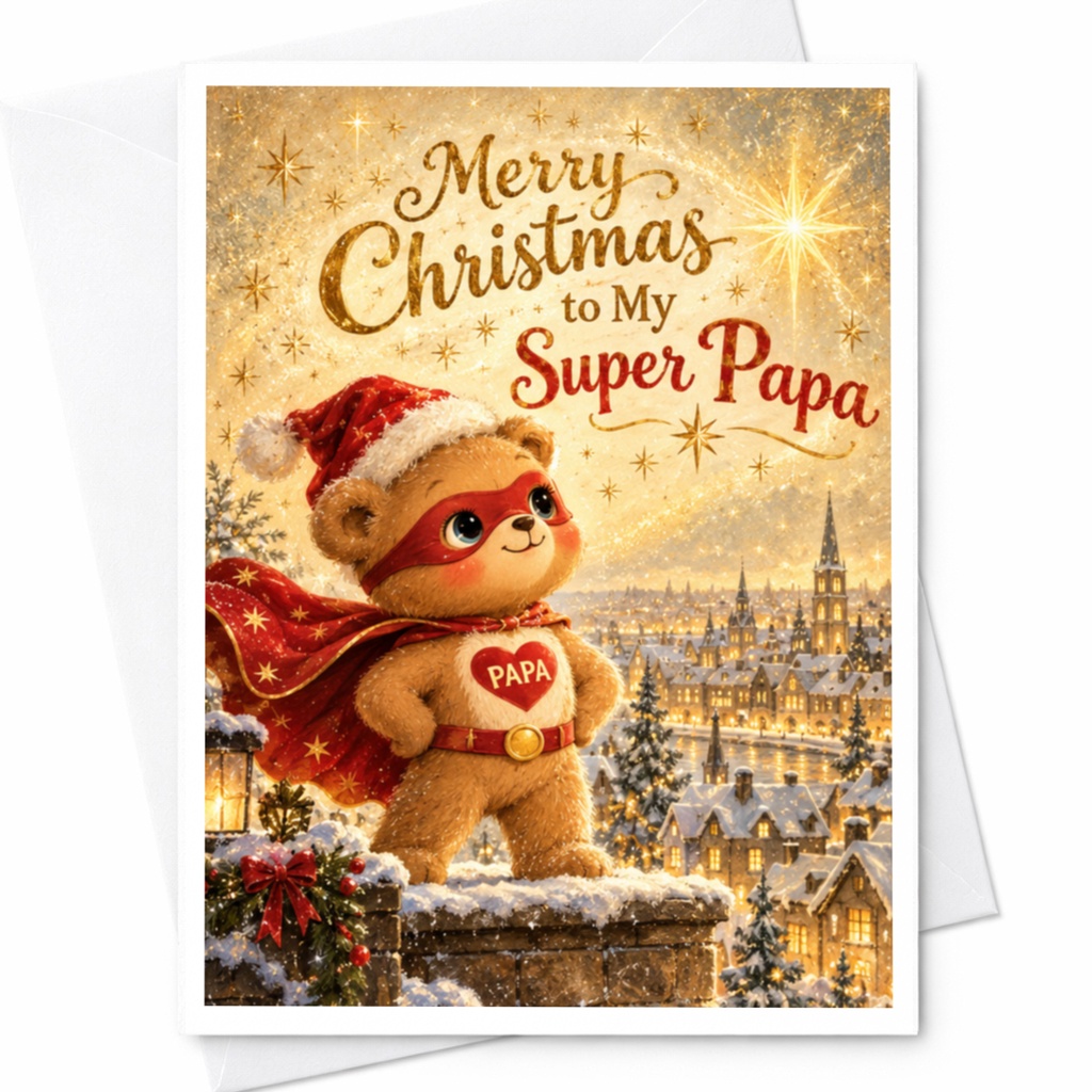 Merry Christmas To My Super Papa Christmas Card Cute Holiday Greeting Card For Dad Papa Festive Bear C7279