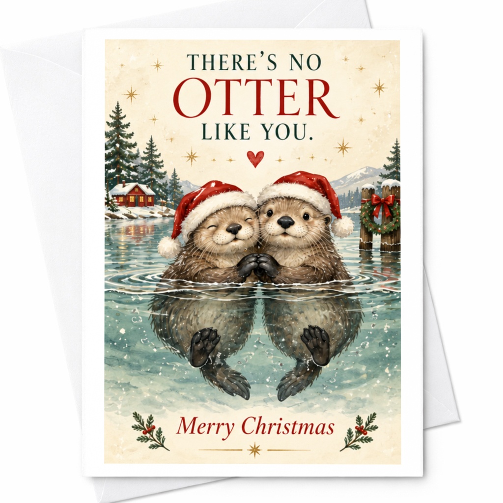 There's No Otter Like You. Merry Christmas Cute Otter Christmas Card Animal Lover Holiday Greeting Card For Friend Family C7287
