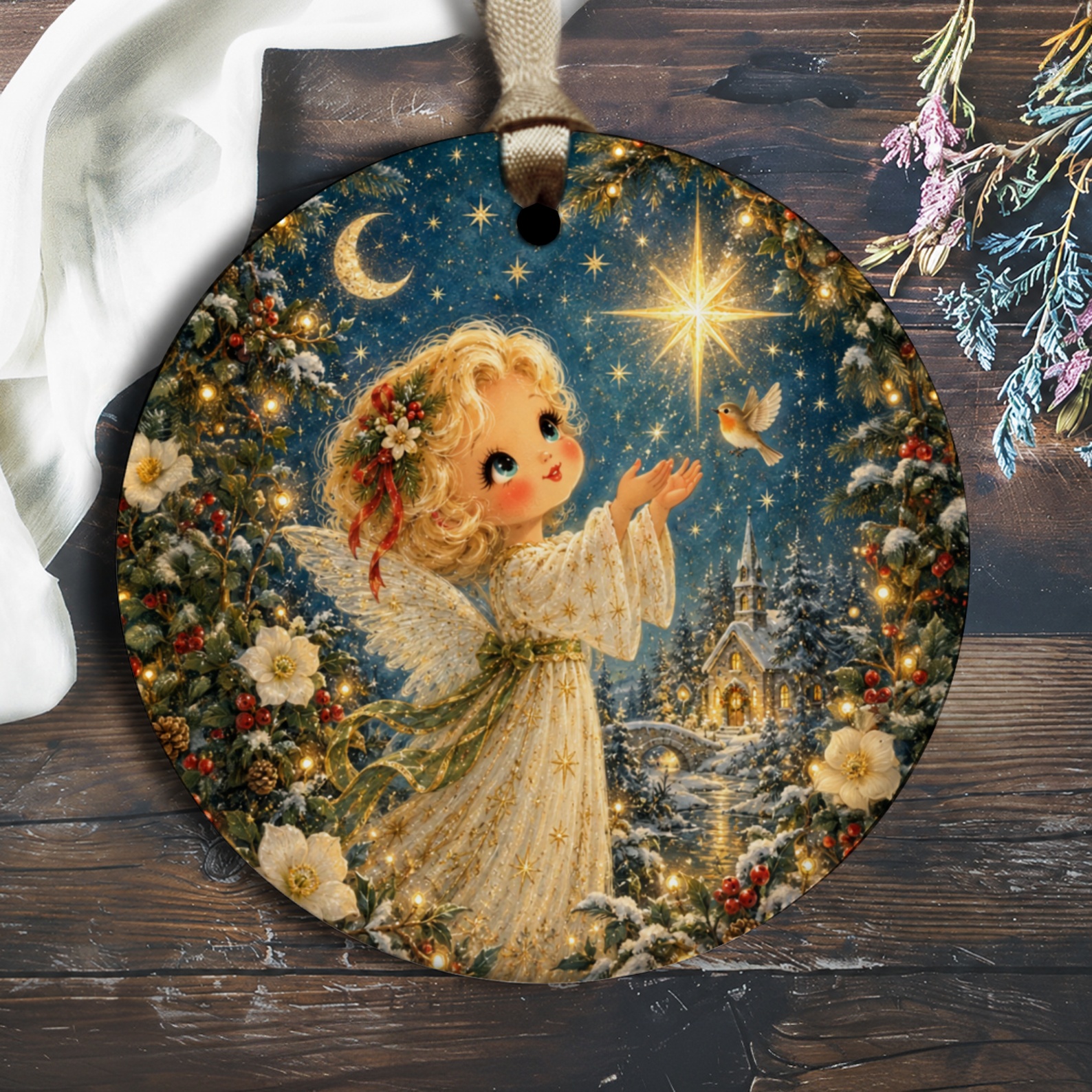 Christmas Angel Ornament Starry Night Scene Holiday Decor Winter Wonderland Church Scene Cute Angelic O2999