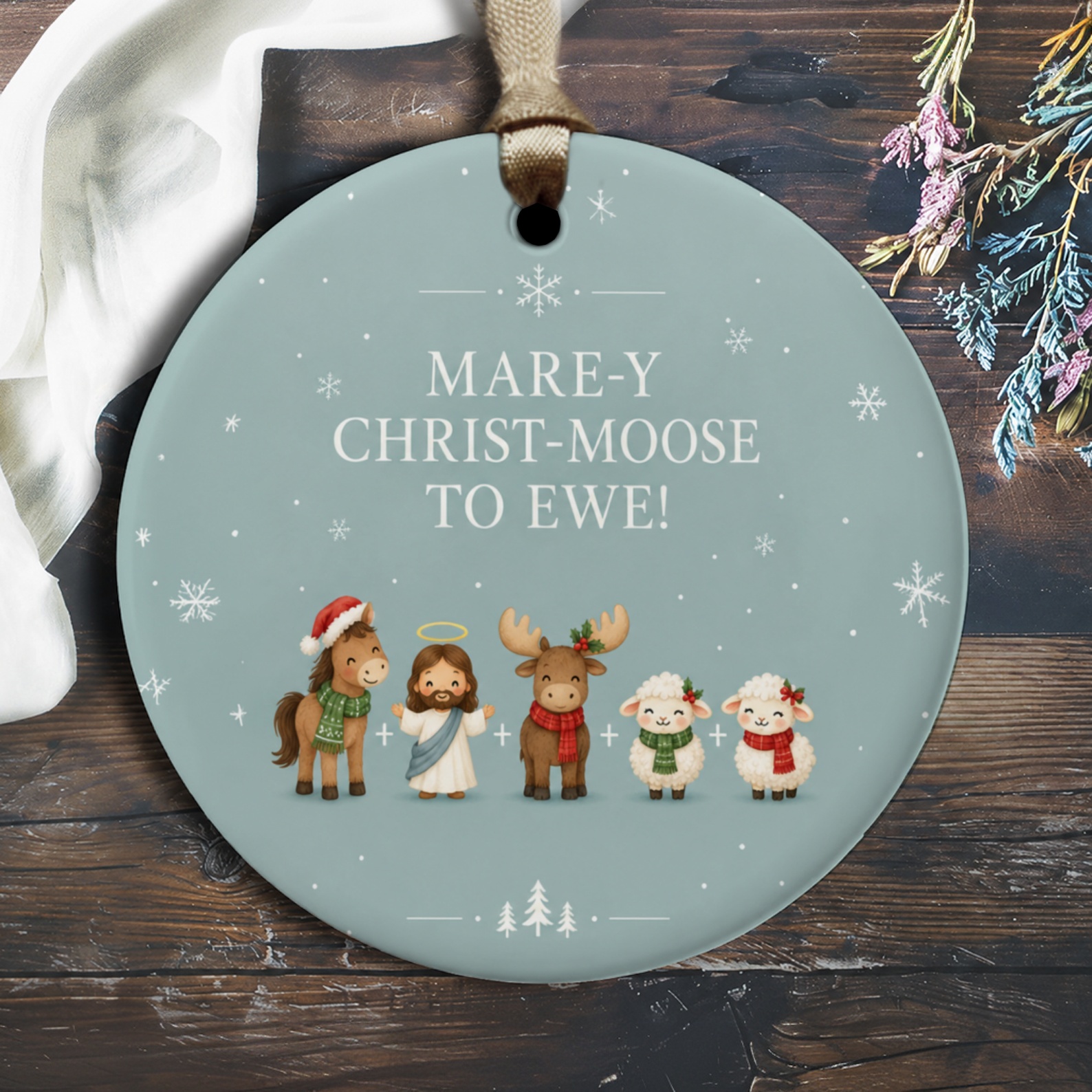 Mare-Y Christ-Moose To Ewe! Funny Christmas Ornament Cute Animal Nativity Scene Holiday Decor Gift For Animal Lover O3001