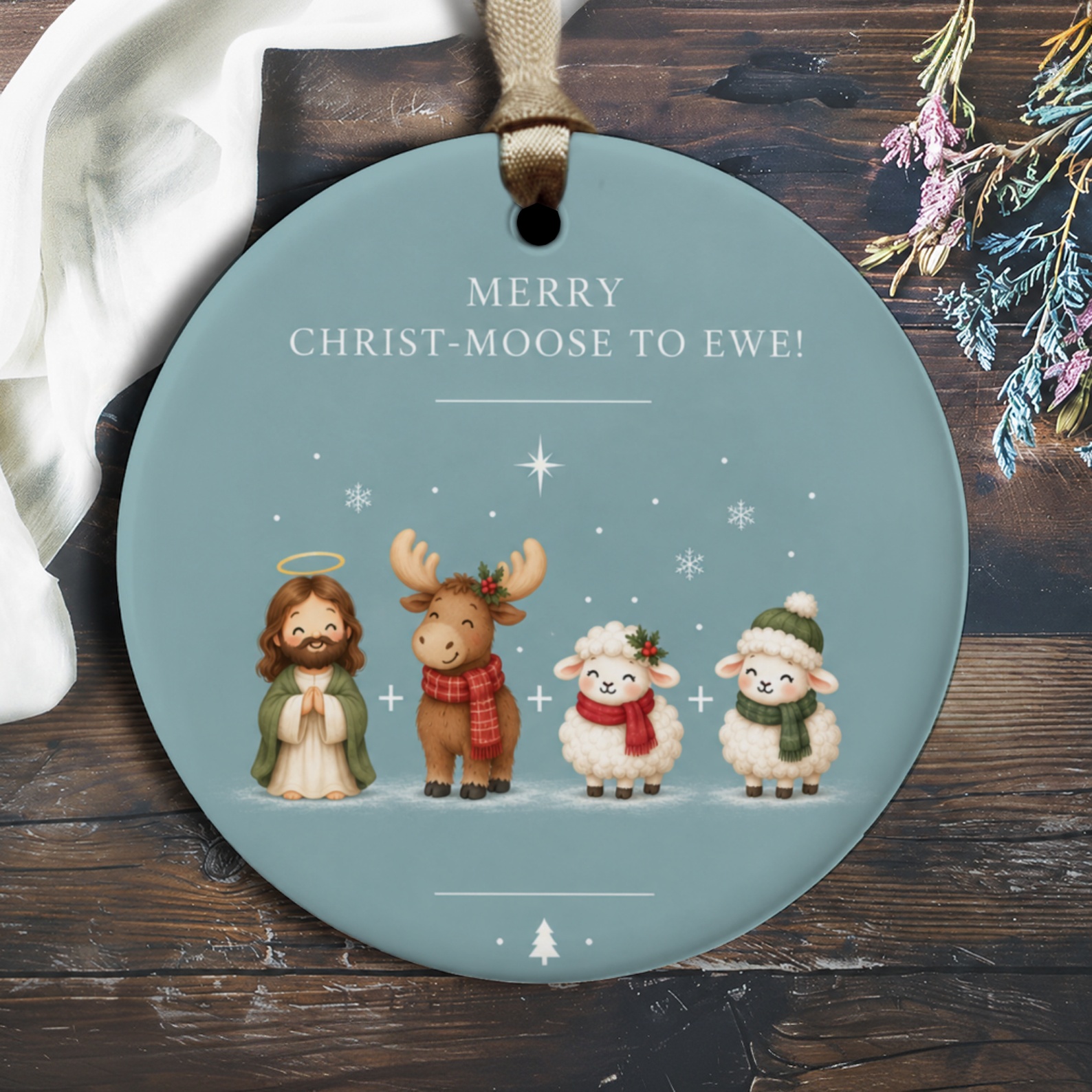 Merry Christ-Moose To Ewe! Funny Christmas Ornament Cute Moose Sheep Holiday Decor Gift For Animal Lover O3004