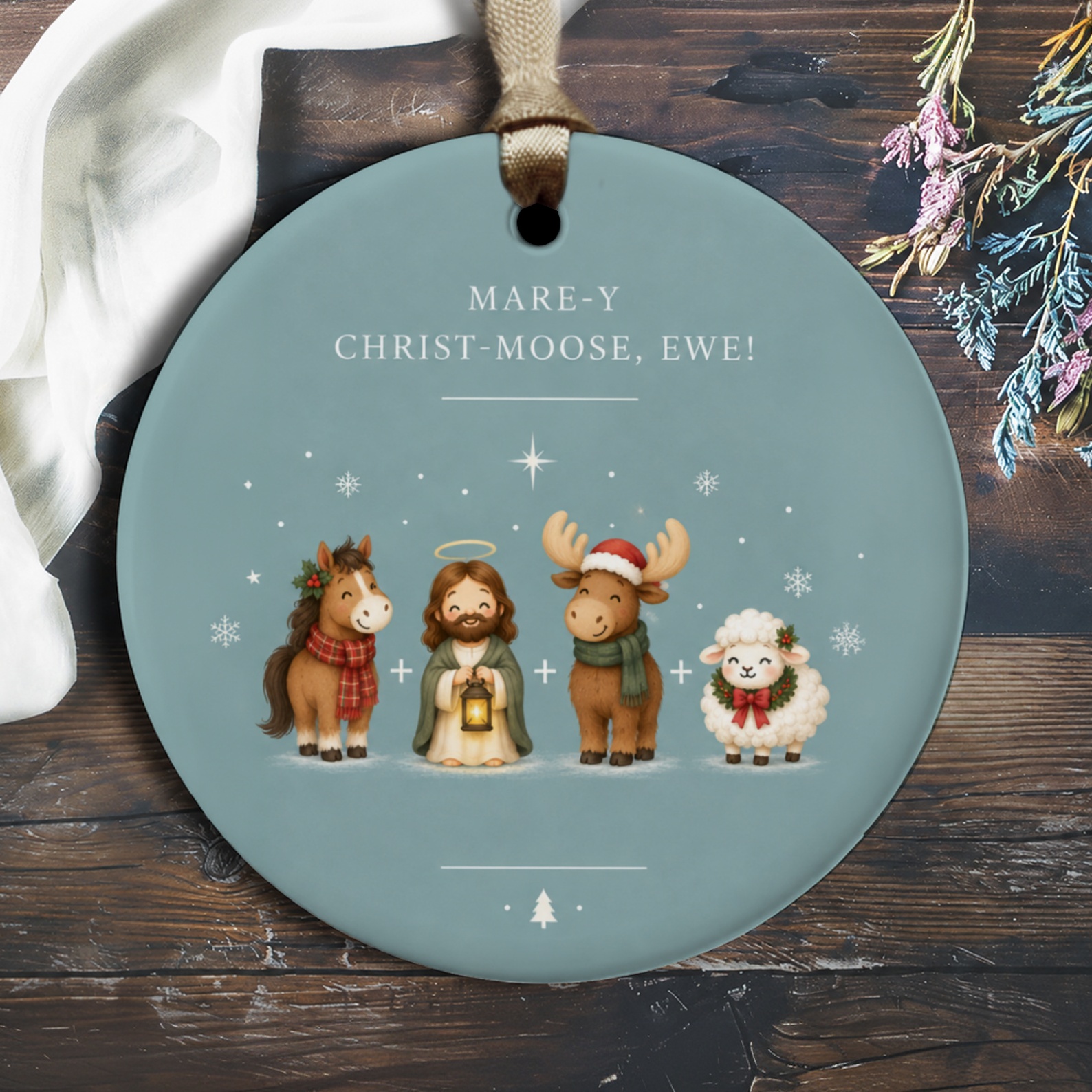 Mare-Y Christ-Moose, Ewe! Funny Christmas Ornament Nativity Animals Cute Holiday Decor Gift For Animal Lover O3006