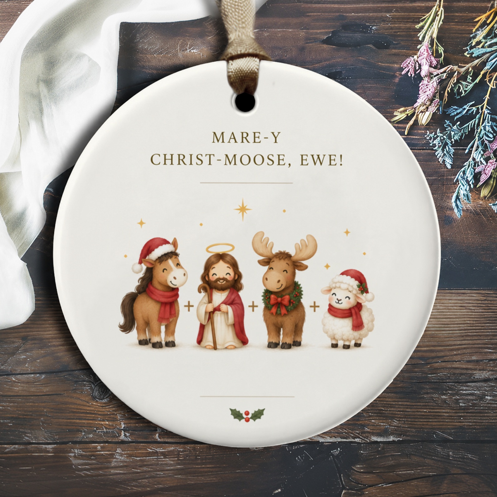 Mare-Y Christ-Moose, Ewe! Funny Christmas Ornament Cute Holiday Decor Animal Characters Festive Tree Decoration O3007