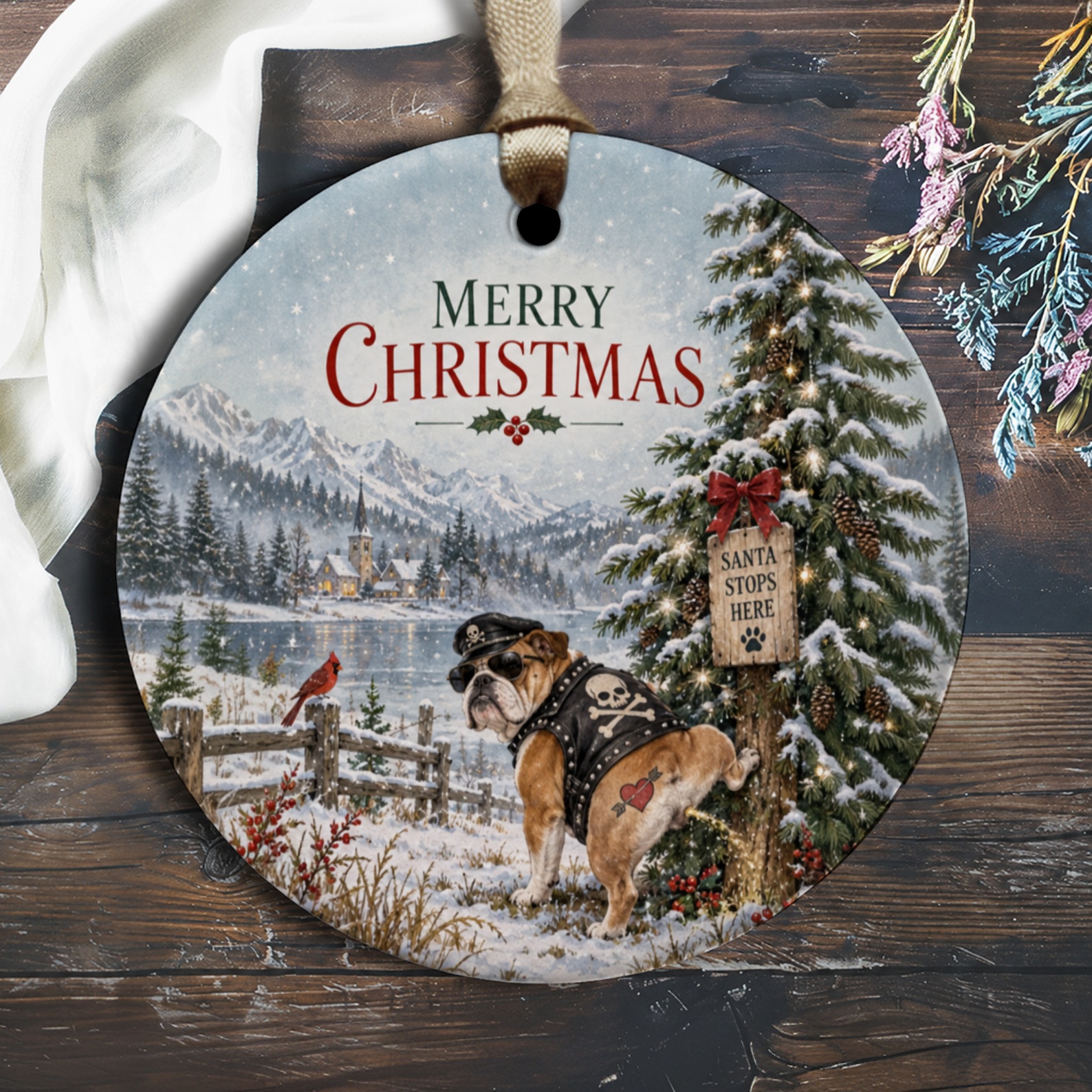 Merry Christmas Bulldog Ornament Funny Christmas Decor Santa Stops Here Holiday Tree Decoration Gift O3024