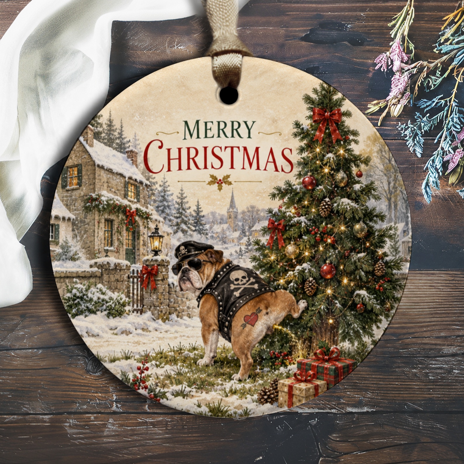 Merry Christmas Bulldog Ornament Funny Holiday Decor Biker Dog Christmas Tree Festive Home Decoration Gift O3025