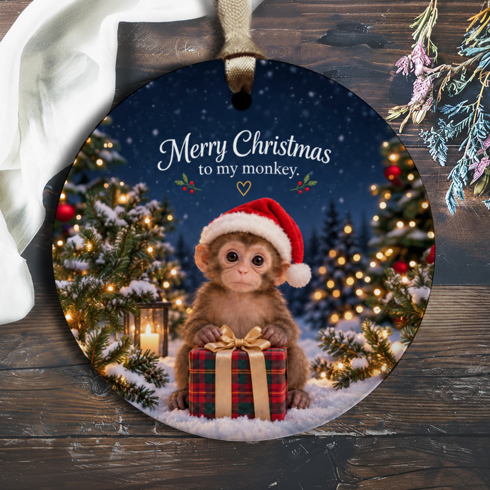 Merry Christmas To My Monkey Ornament Cute Monkey With Gift Santa Hat Christmas Tree Holiday Decor Animal Lover O3026