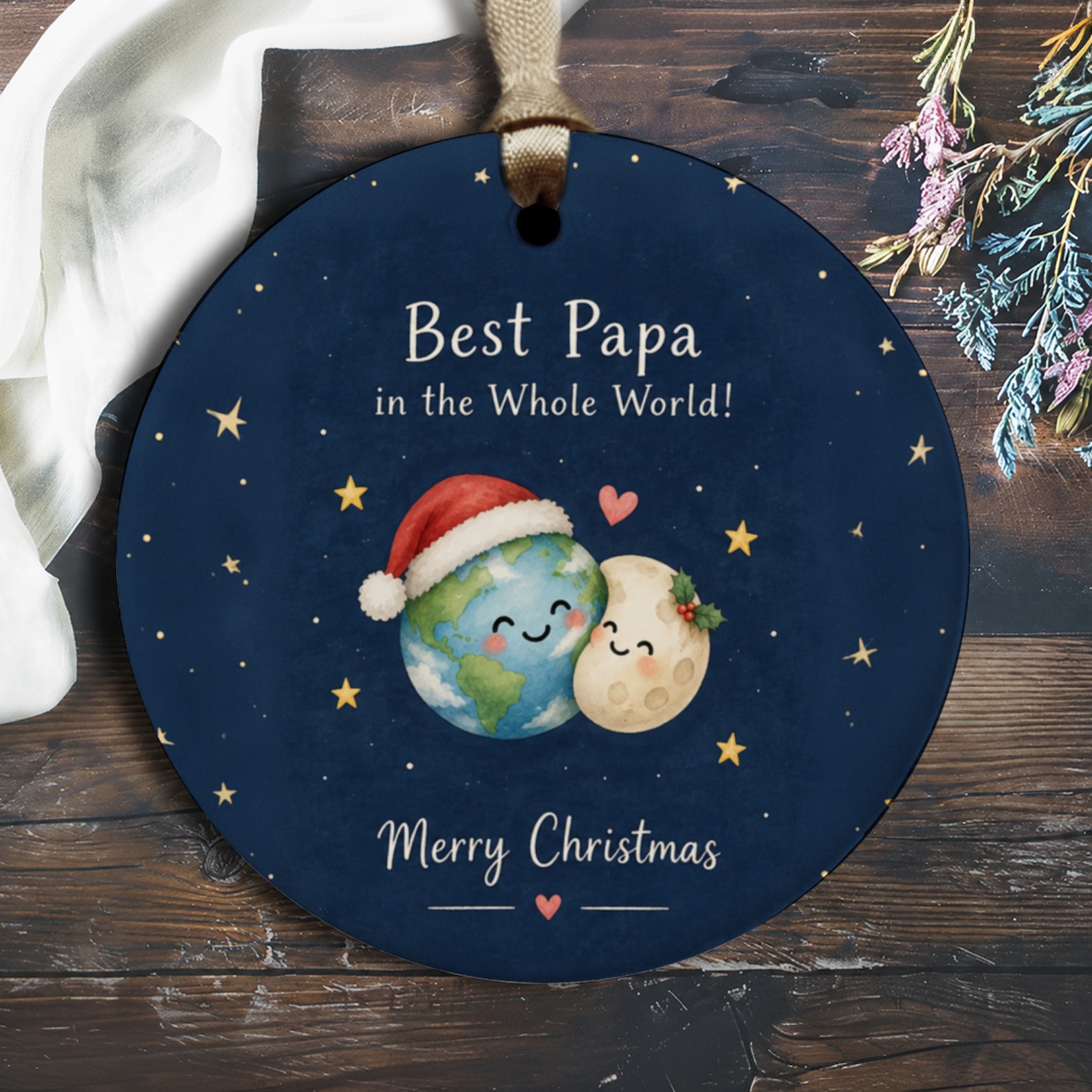Best Papa In The Whole World! Merry Christmas Ornament Cute Earth And Moon Christmas Gift For Dad Holiday Decor O3028
