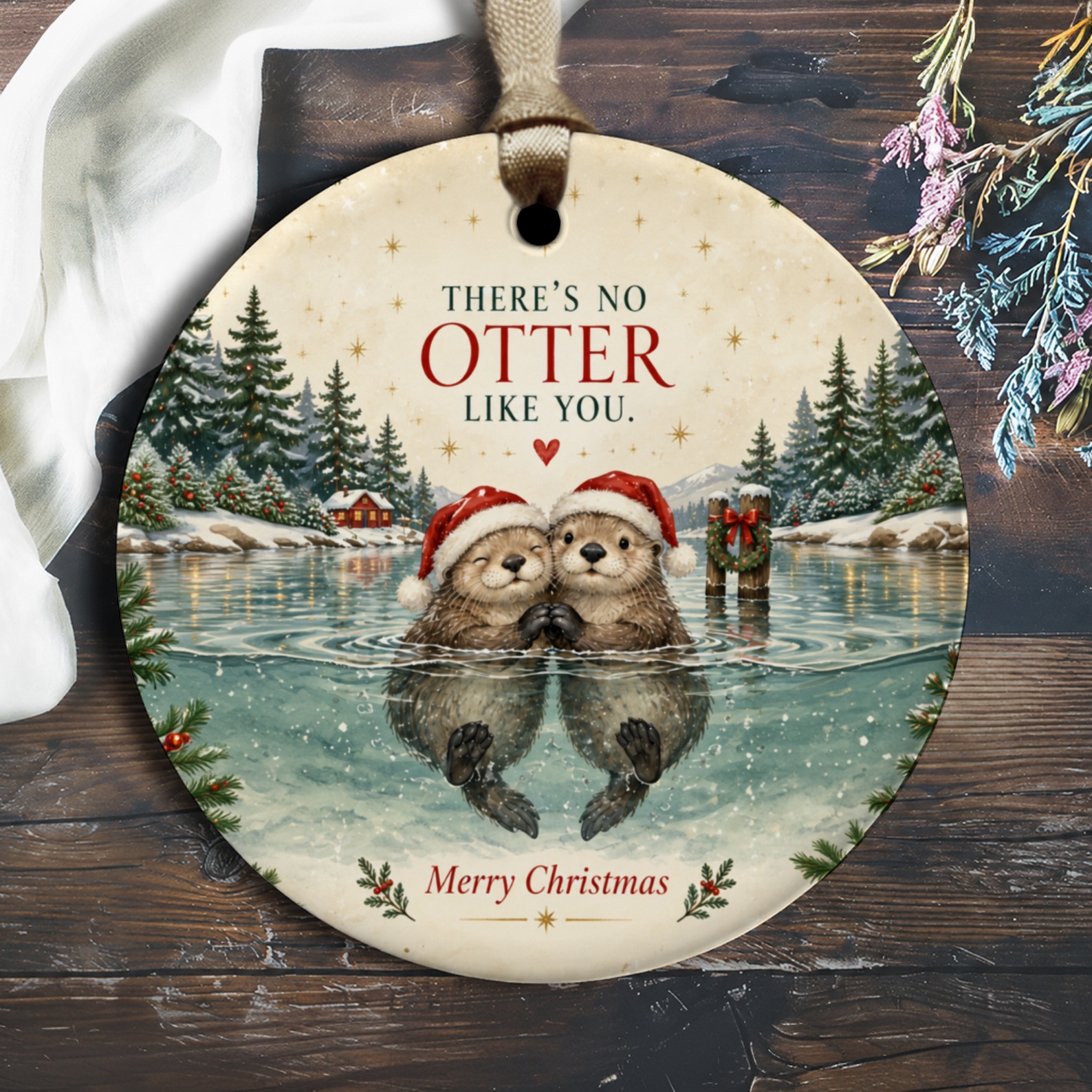 There's No Otter Like You. Merry Christmas Ornament Cute Otter Couple Holiday Decor Winter Scene Festive Gift For Animal Lover O3030