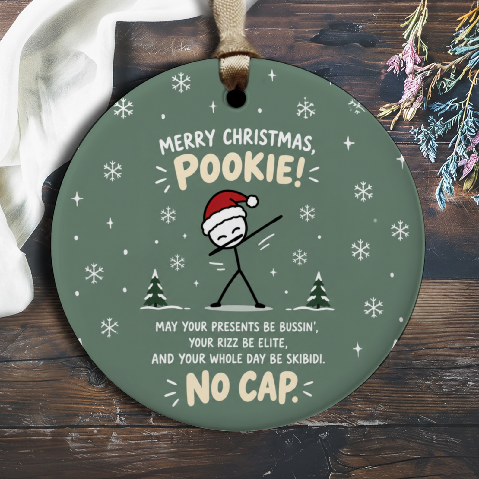 Merry Christmas, Pookie! Funny Christmas Ornament Stick Figure Santa Hat Holiday Decor Cute Gift Idea O3044