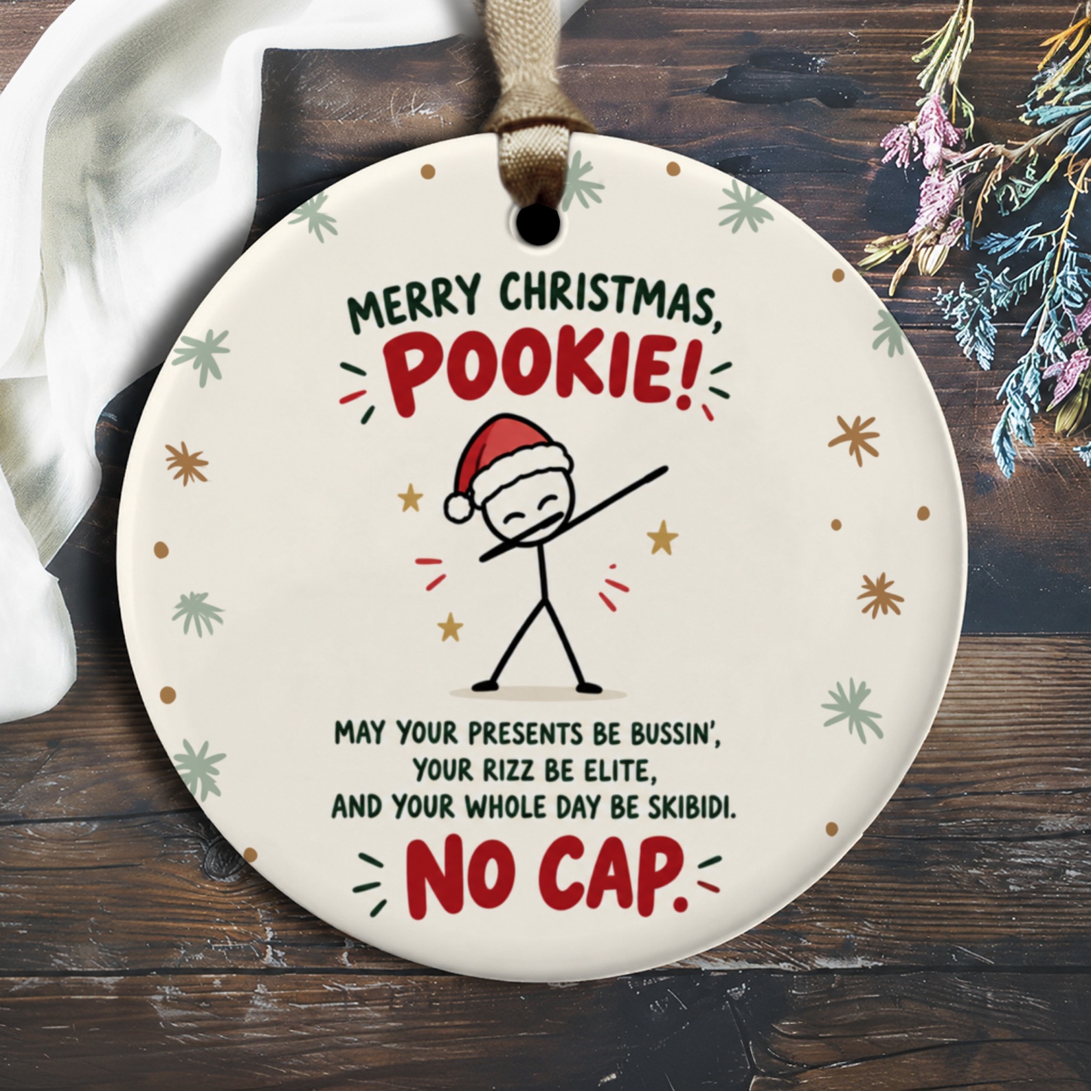 Merry Christmas Pookie Funny Ornament Stick Figure Santa Hat Christmas Decor Cute Holiday Gift No Cap Present O3045