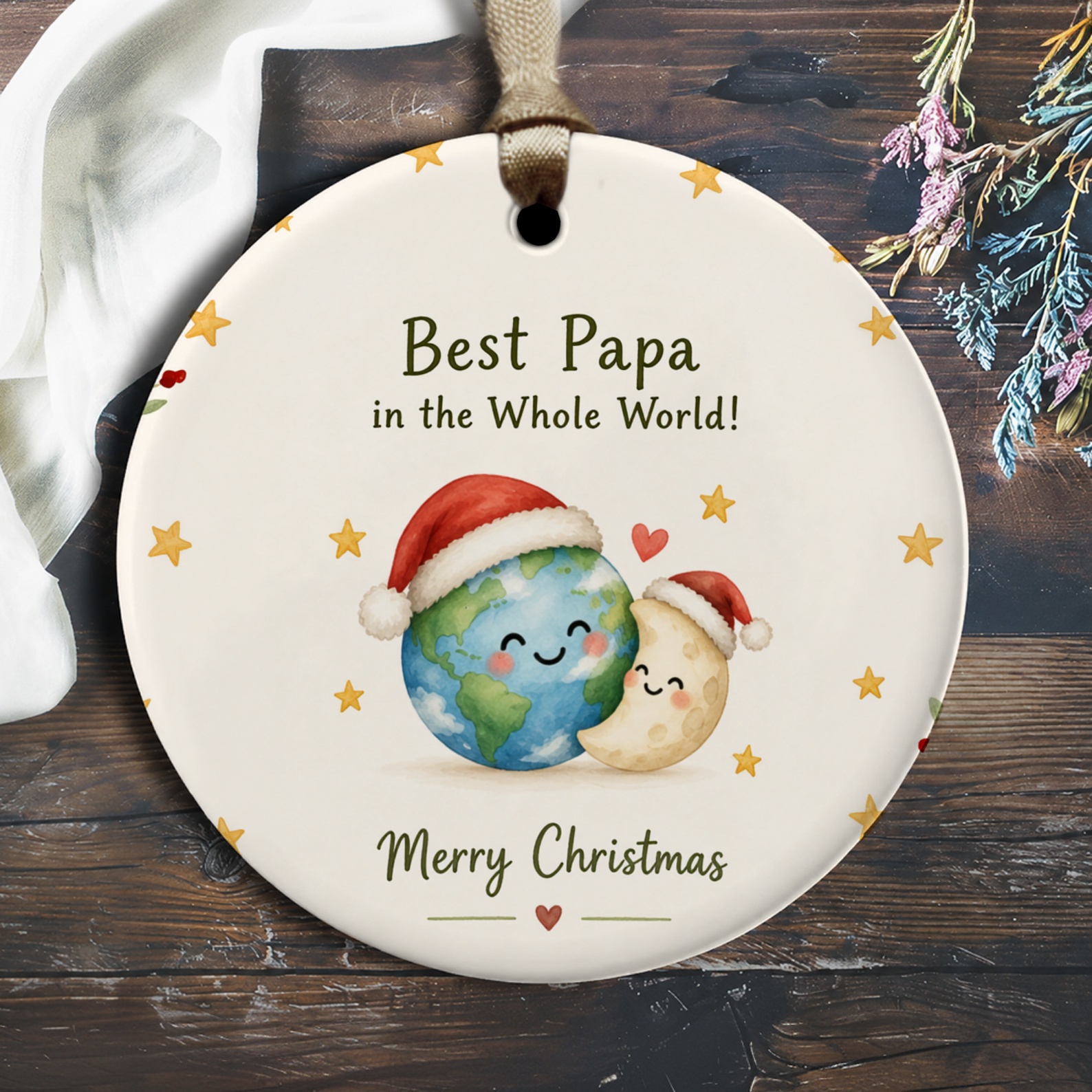 Best Papa In The Whole World! Merry Christmas Ornament Cute Earth And Moon Christmas Gift For Dad Holiday Decor O3050