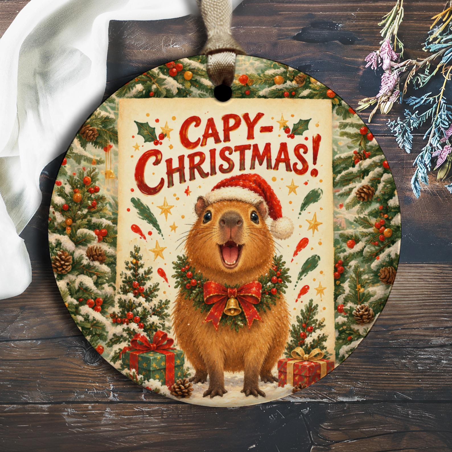 Capy-Christmas! Cute Capybara Christmas Ornament Festive Holiday Decor Animal Lover Gift Fun Xmas Tree Decoration O3056