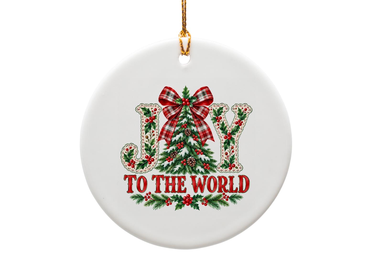 Joy To The World Christmas Ornament Festive Holiday Decor Tree Decoration Plaid Bow Holly Pinecones Gift O1890