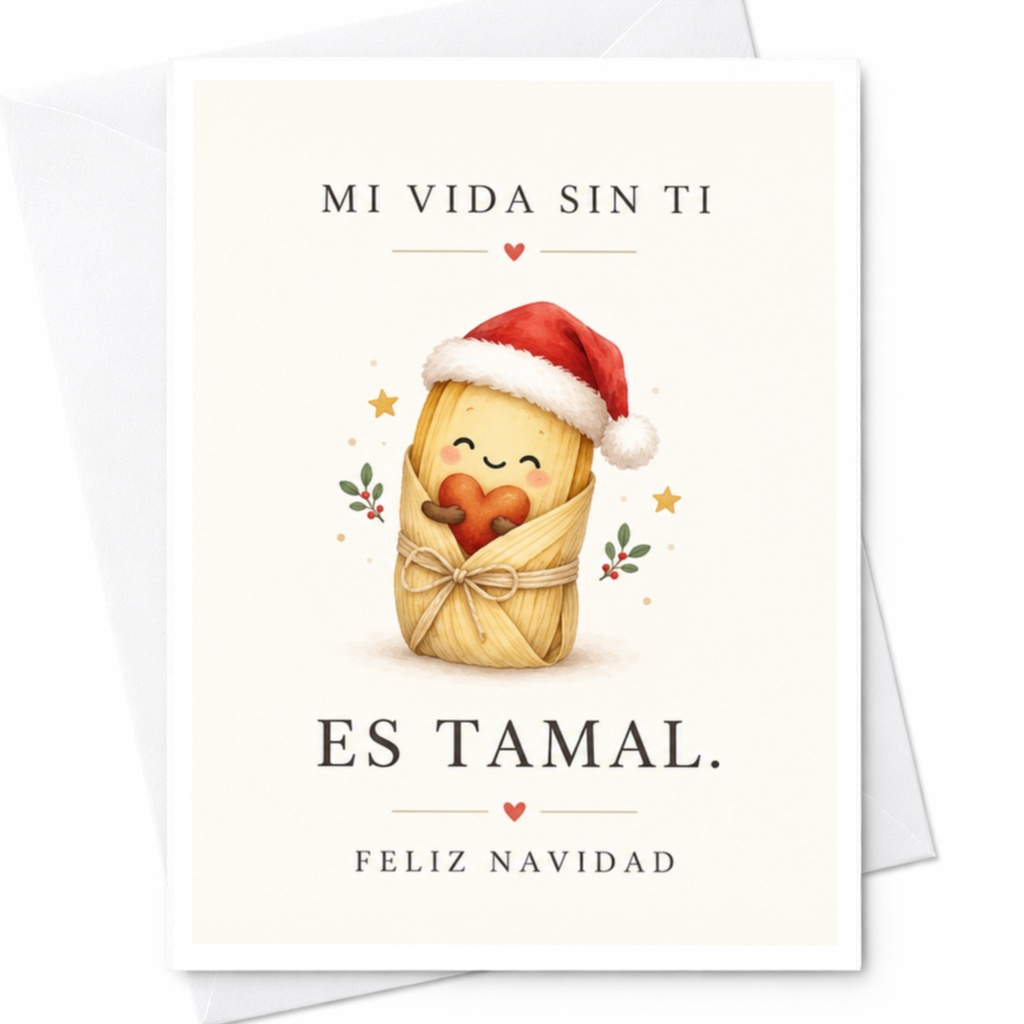 Mi Vida Sin Ti Es Tamal. Feliz Navidad Cute Christmas Card Tamale Santa Hat Funny Holiday Card For Friend Family C7357