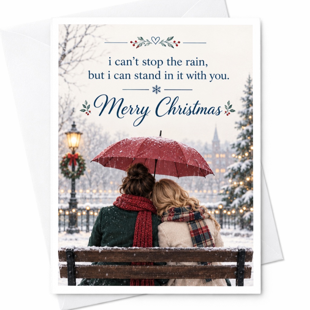 I Can't Stop The Rain, But I Can Stand In It With You. Merry Christmas Card Romantic Holiday Greeting For Couple Winter Scene C7363