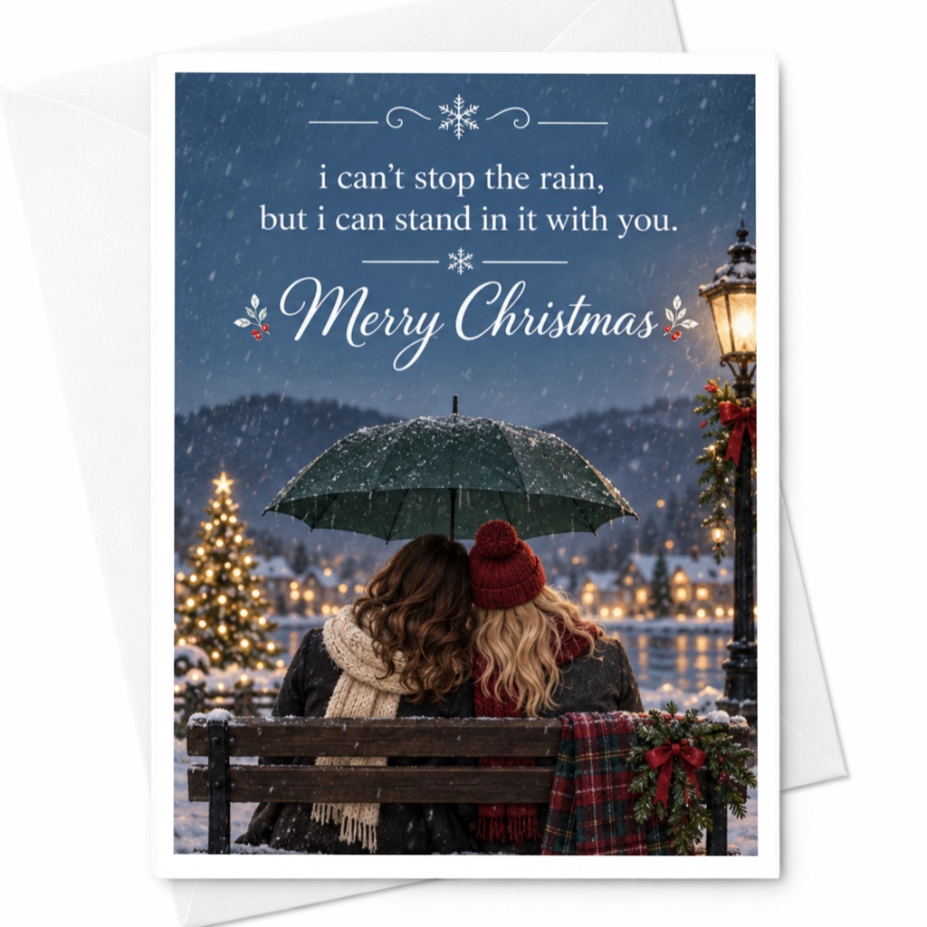 I Can't Stop The Rain, But I Can Stand In It With You. Merry Christmas Card Romantic Holiday Greeting For Couple Winter Scene C7364