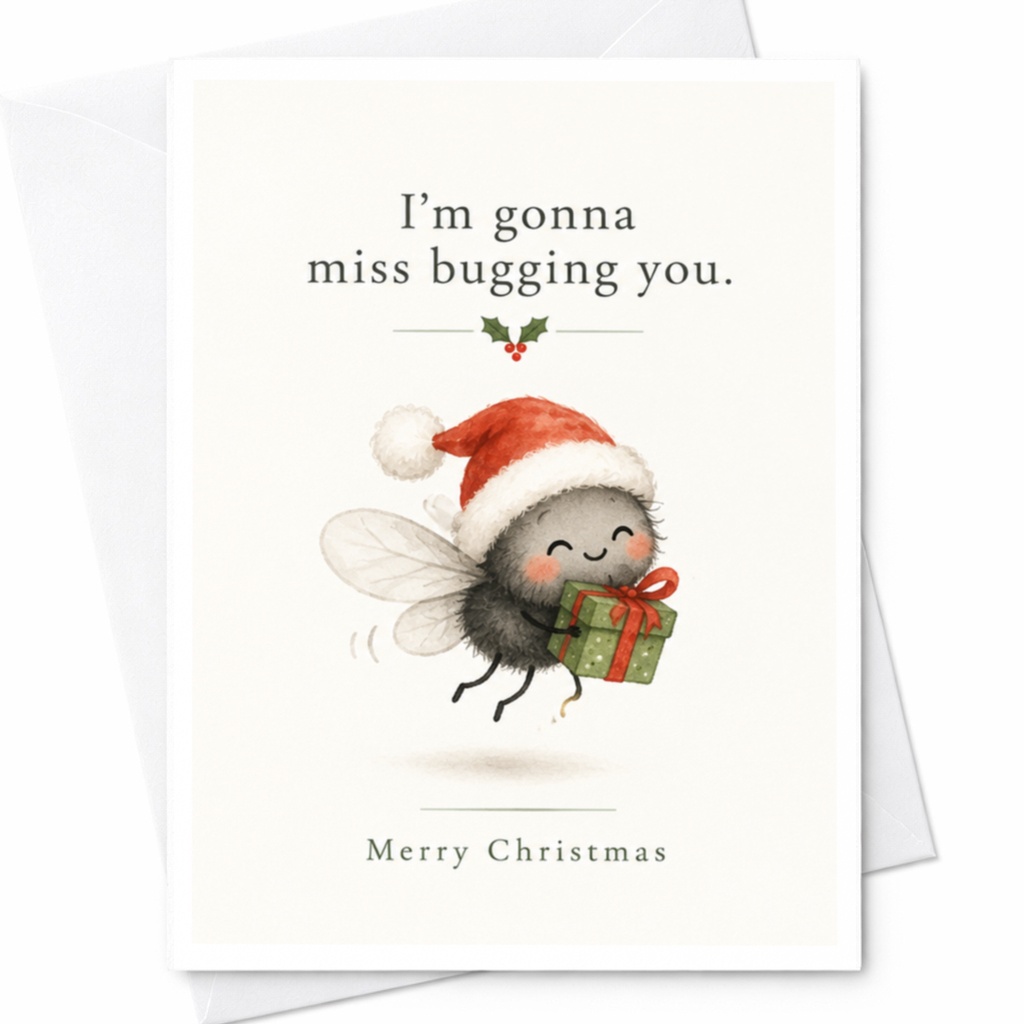 I'm Gonna Miss Bugging You Merry Christmas Card Cute Bug With Santa Hat Funny Holiday Greeting Card For Friend Family C7371