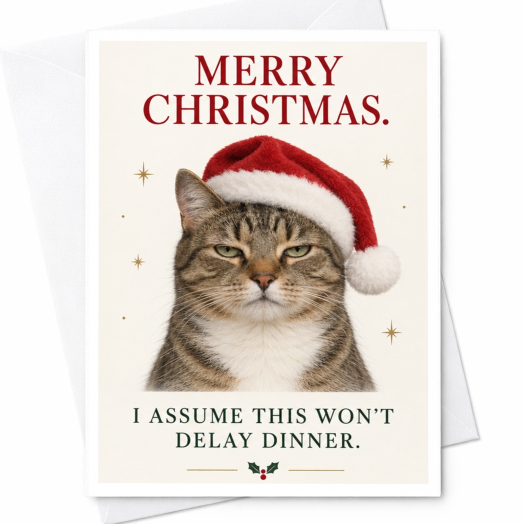 Merry Christmas. I Assume This Won’t Delay Dinner. Funny Cat Christmas Card Cute Holiday Greeting For Cat Lover Xmas Card C7373