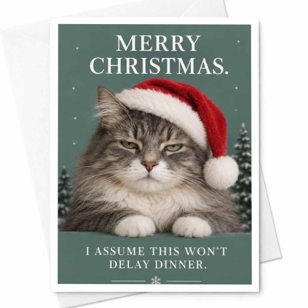 Merry Christmas. I Assume This Won’t Delay Dinner. Funny Cat Christmas Card Cute Holiday Greeting For Cat Lover Xmas Card C7374