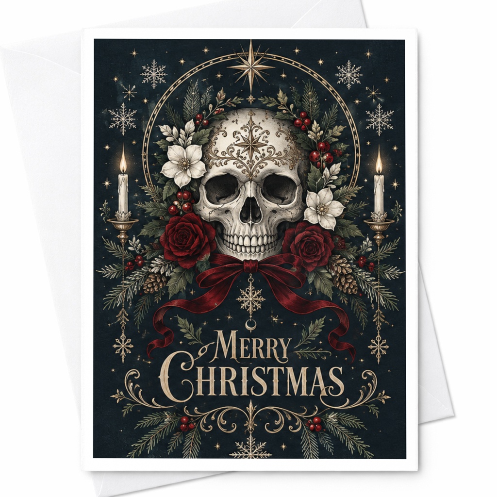 Merry Christmas Gothic Skull Card Unique Christmas Card Dark Floral Holiday Greeting Card For Him Her C7378
