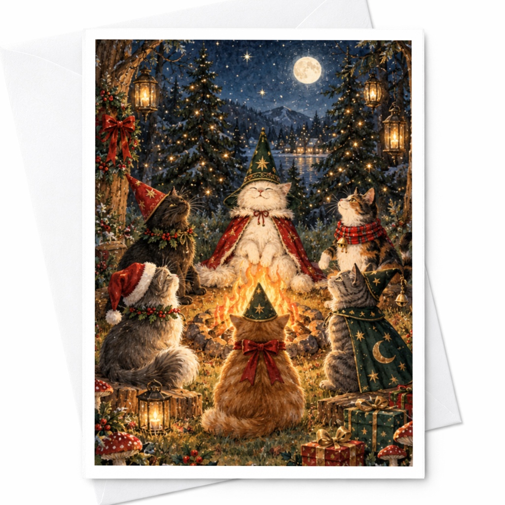 Christmas Cats Card Cute Holiday Greeting Card Festive Cats Around Campfire For Cat Lover Winter Scene Christmas Card C7380