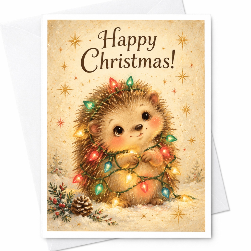 Happy Christmas! Cute Hedgehog Christmas Card Adorable Holiday Greeting Card For Animal Lover Festive Lights Xmas Card C7383
