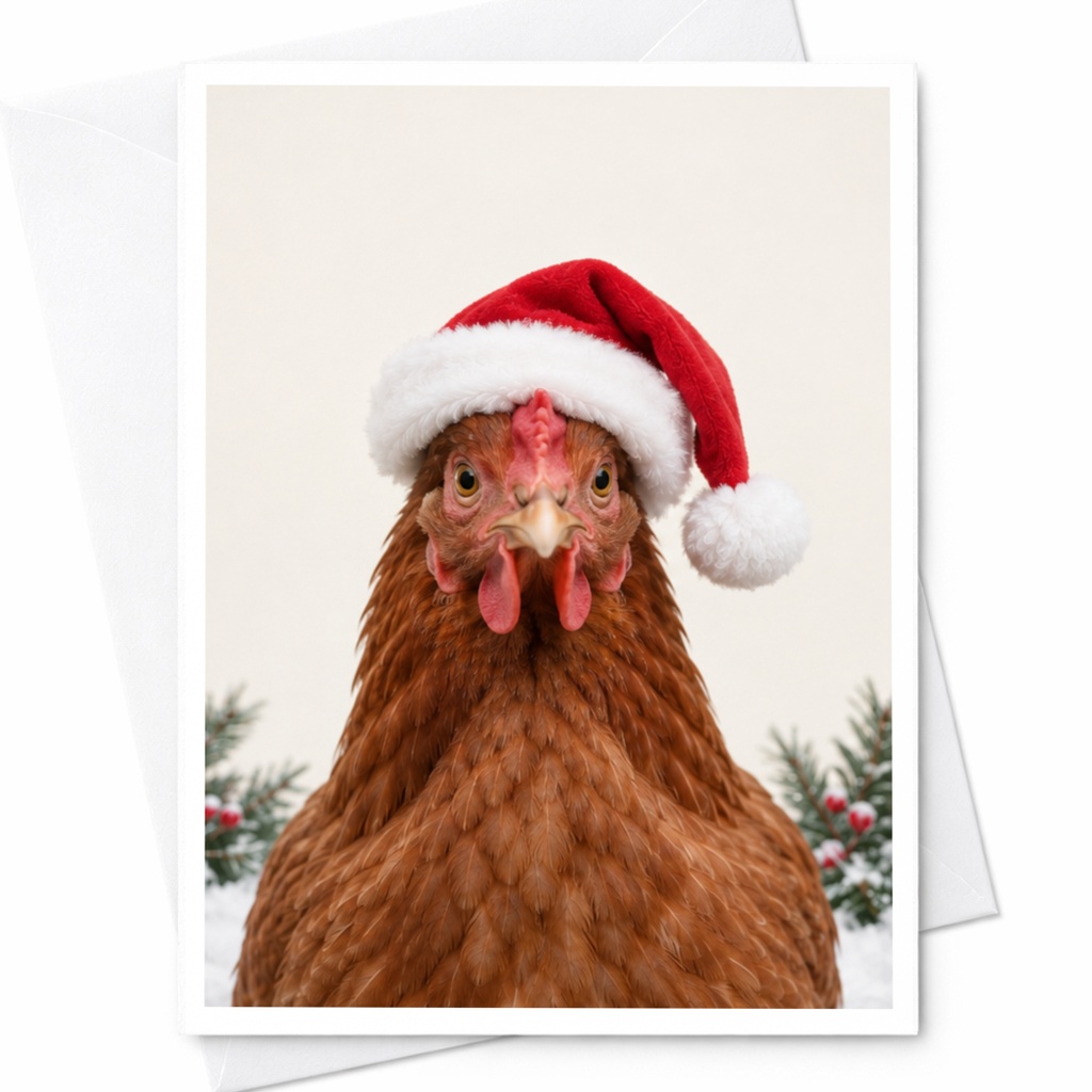 Chicken With Santa Hat Christmas Card Funny Holiday Greeting Card For Animal Lover Cute Festive Card Farm Animal C7385