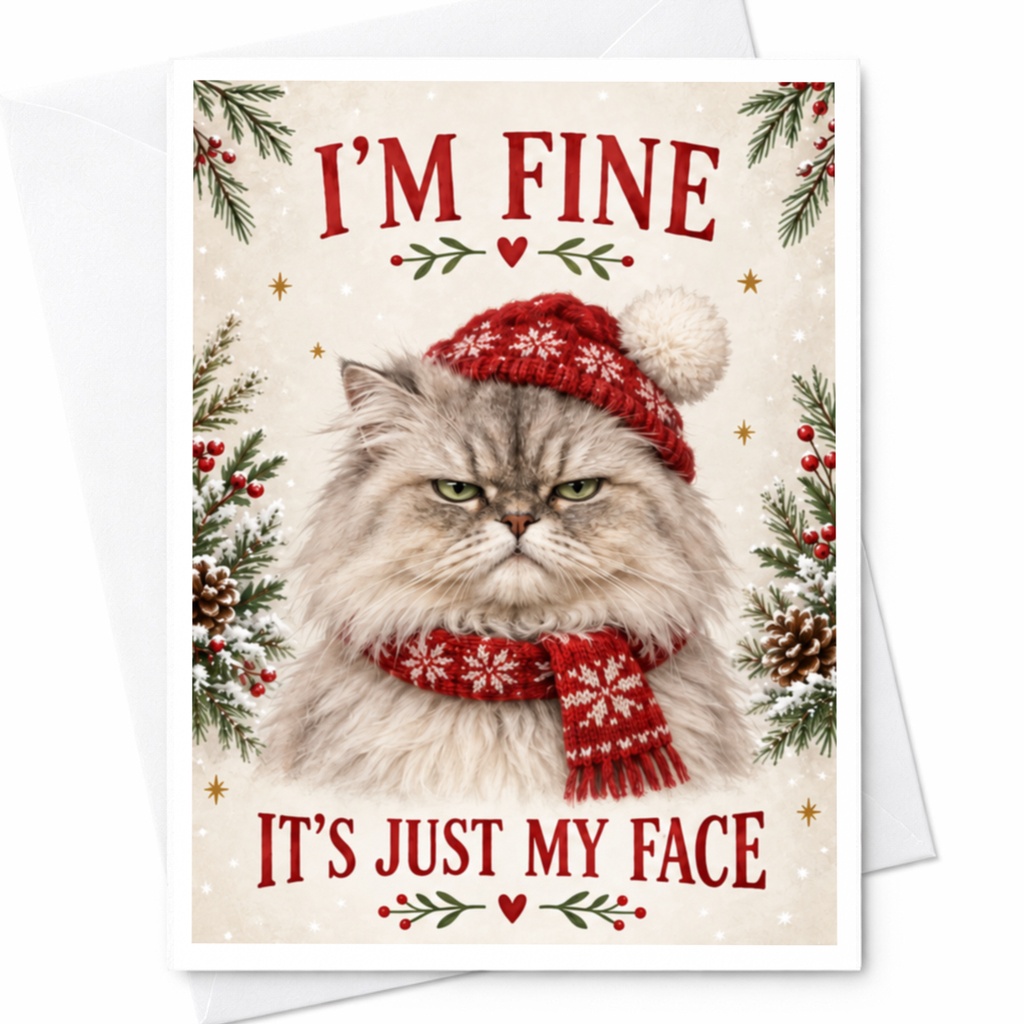 I'm Fine It's Just My Face Funny Christmas Card Grumpy Cat Holiday Greeting Card Cute Animal For Cat Lover C7387