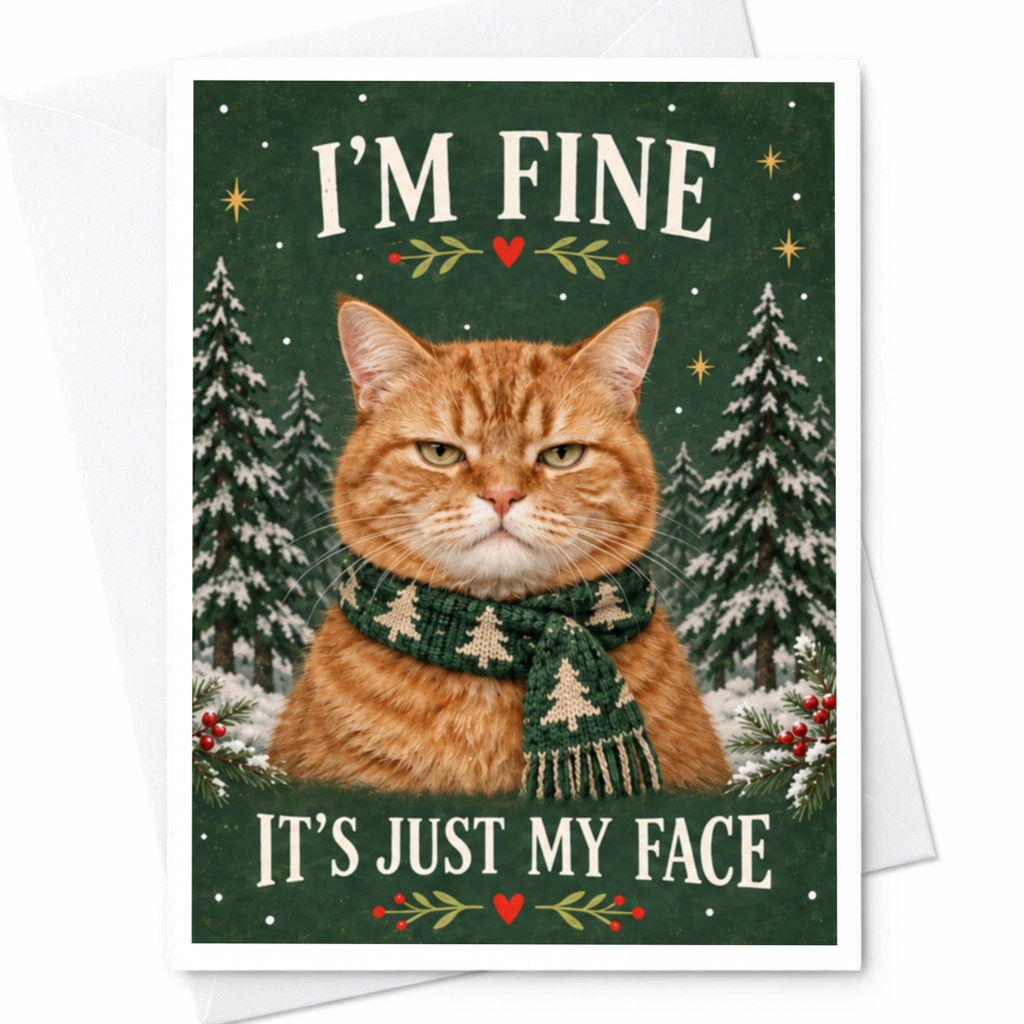 I'm Fine It's Just My Face Funny Christmas Card Cat With Scarf Holiday Greeting Card For Cat Lover Cute Animal Card C7388