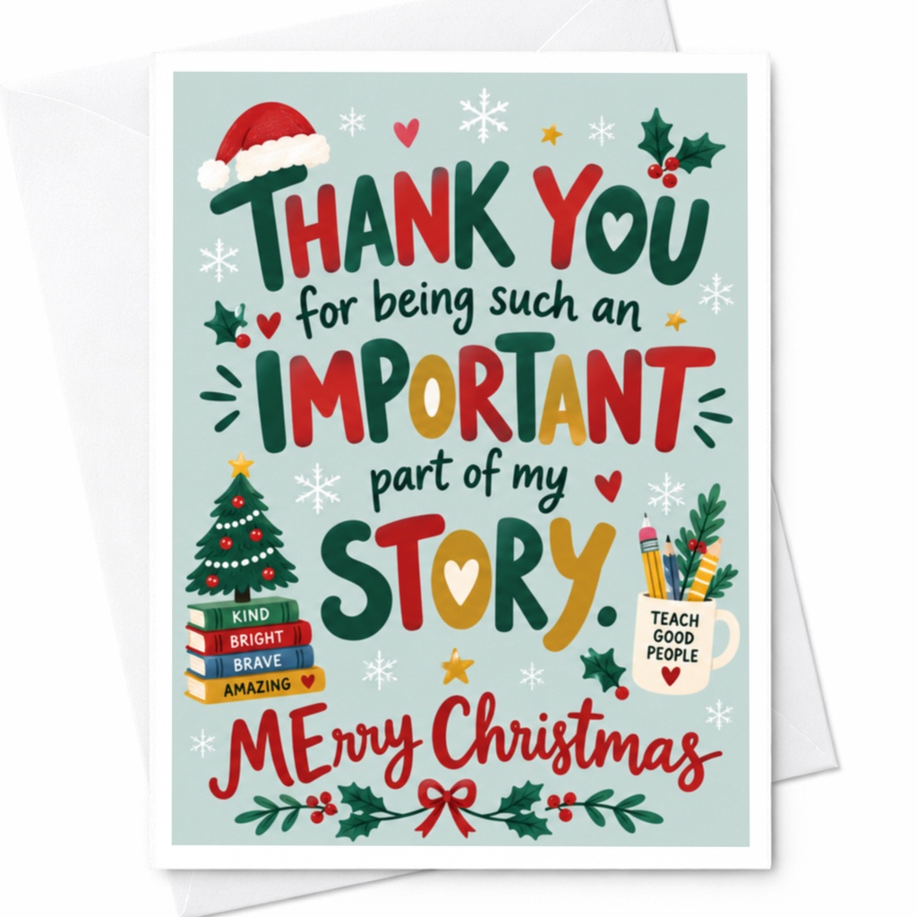Thank You For Being Such An Important Part Of My Story. Merry Christmas Card Holiday Greeting For Teacher Friend Family C7398