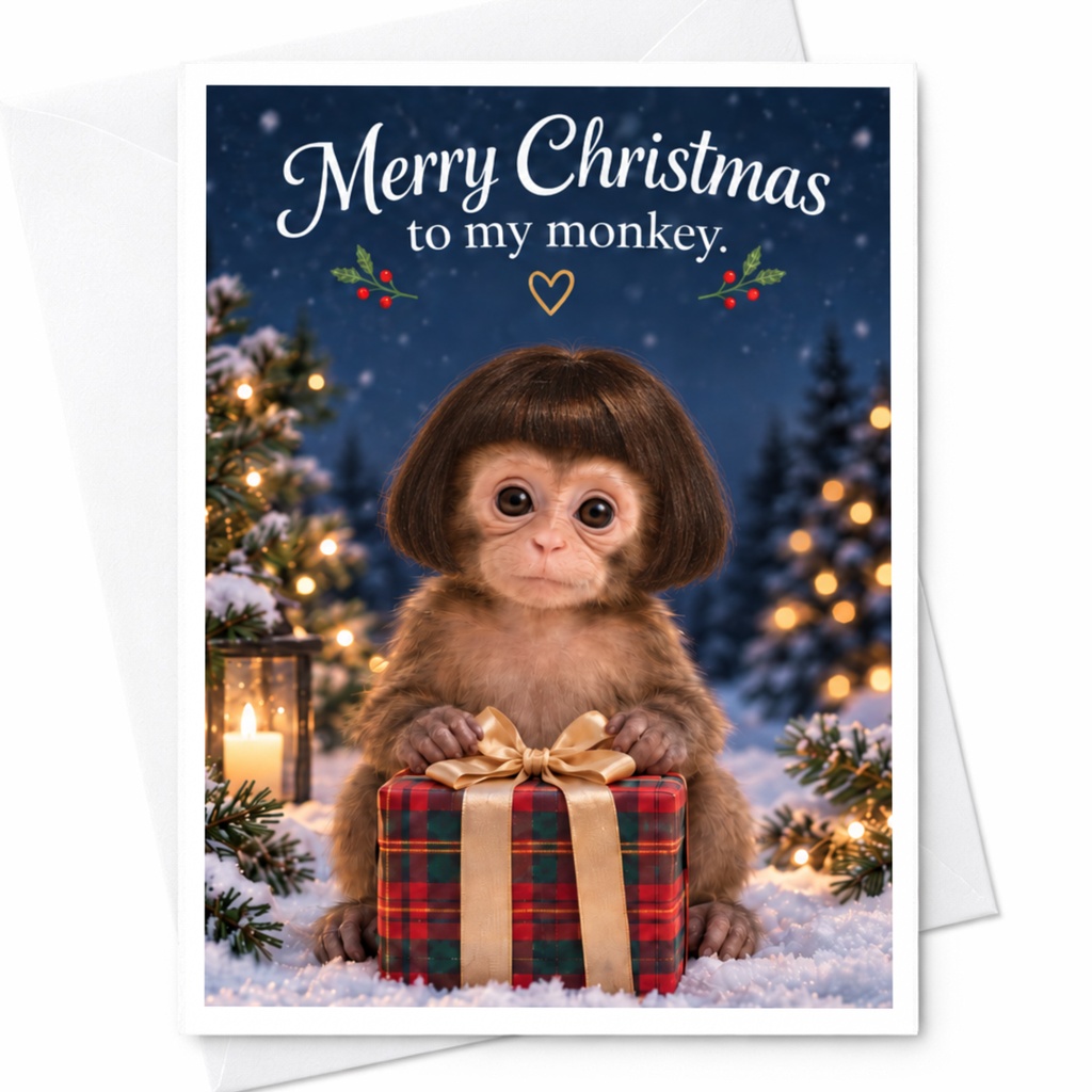 Merry Christmas To My Monkey Cute Christmas Card Adorable Monkey With Gift Holiday Greeting Card For Animal Lover C7402